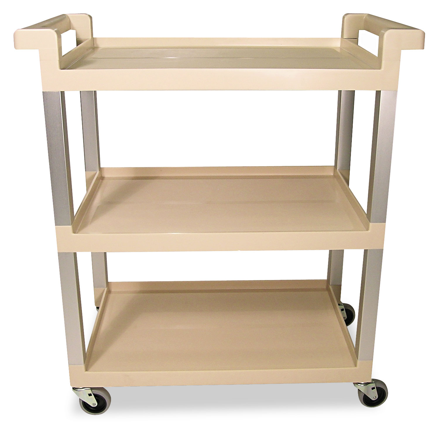 Three-Shelf Service Cart w/Brushed Aluminum Upright, 16-1/4 x 31-1/2 x 36, Beige