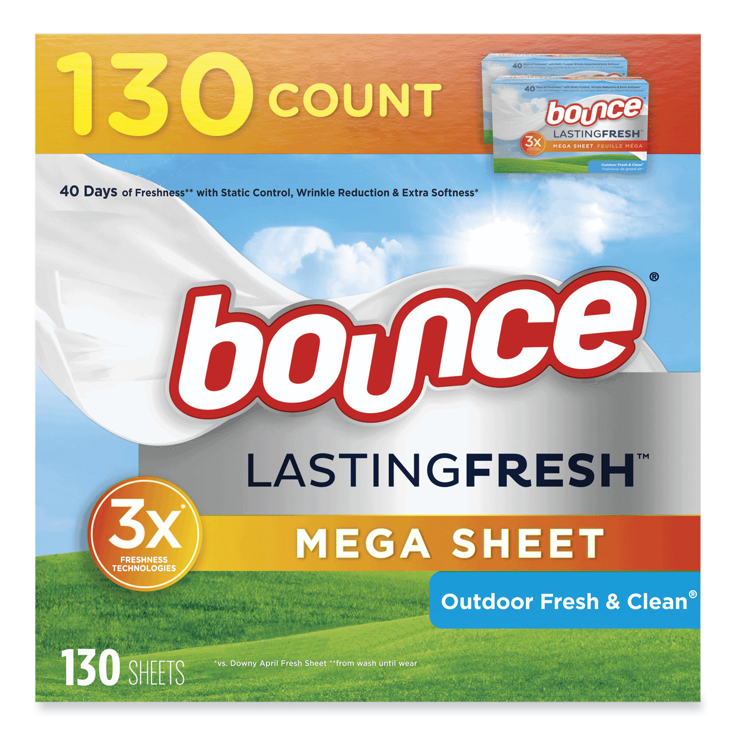 Bounce® Fabric Softener Sheets, Outdoor Fresh and Clean, 130 Sheets/Box