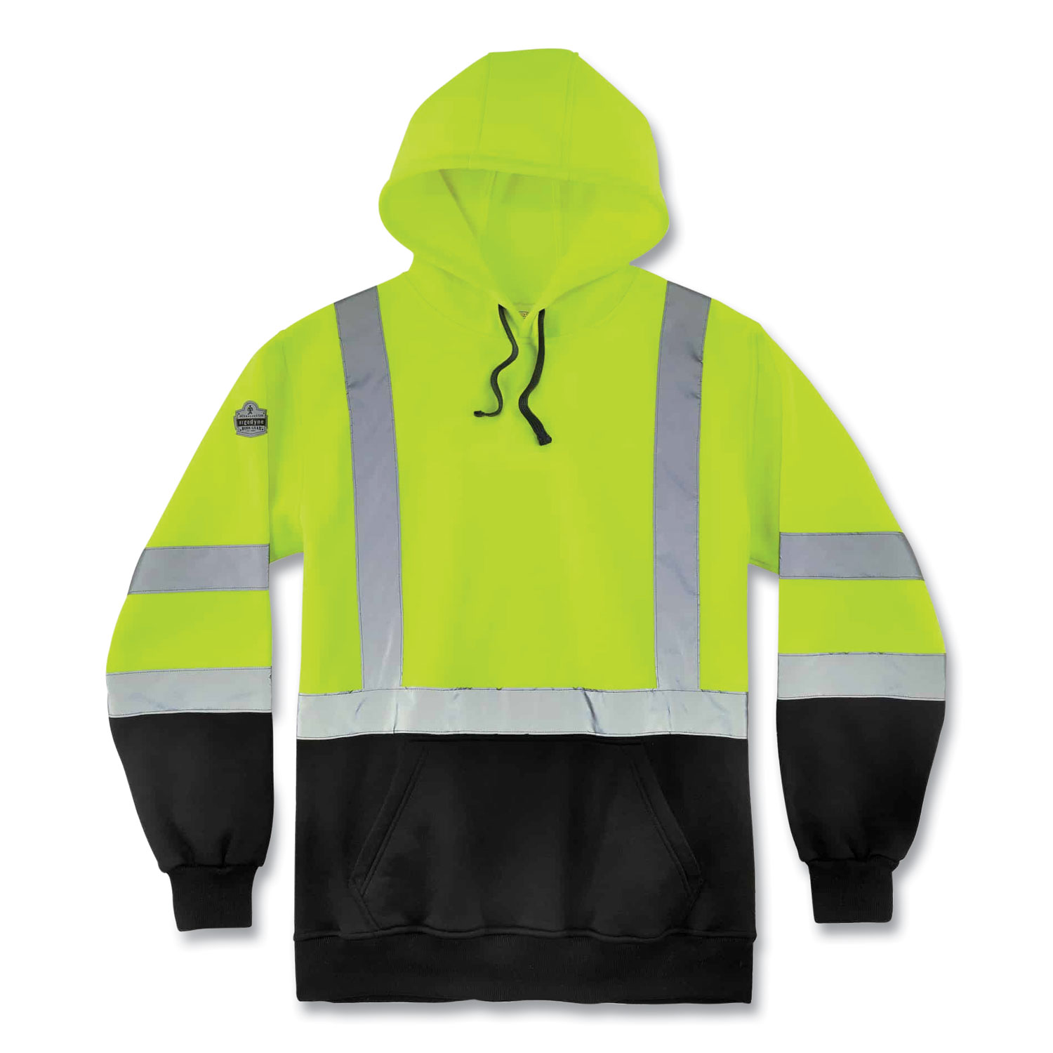 ergodyne® GloWear 8373 Hi-Vis Class 3 Hooded Sweatshirt with Black Bottom, Polar Fleece, Lime, X-Large