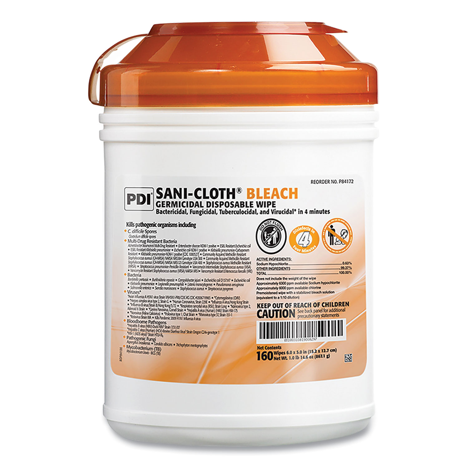 Sani-Cloth Bleach Germicidal Disposable Wipes, 1-Ply, 6 x 5, Unscented, White, 160/Canister, 12 Canisters/Carton