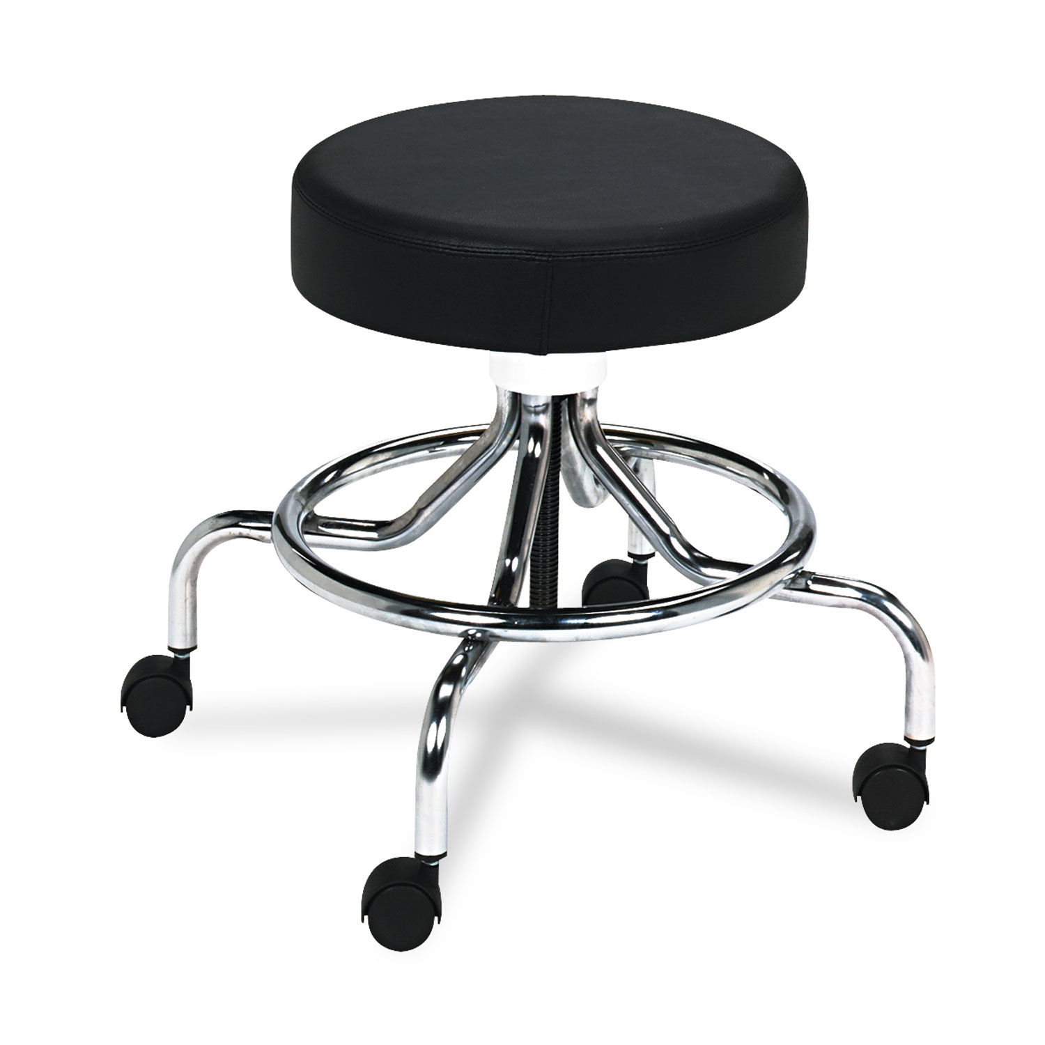 Screw Lift Stool with Low Base, Supports Up to 250 lb, 25″ Seat Height, Black Seat, Chrome Base