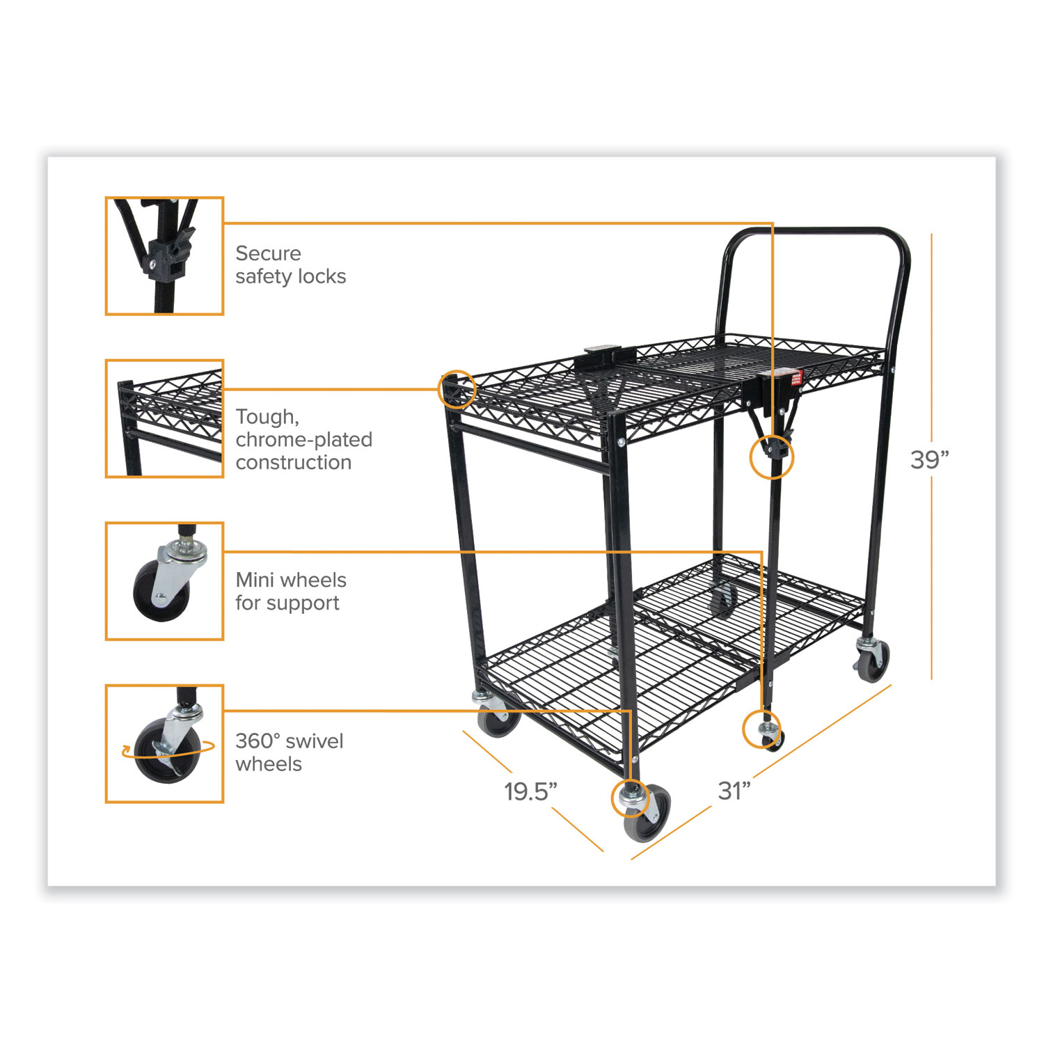 Stowaway Folding Carts, Metal, 2 Shelves, 250 lb Capacity, 29.63