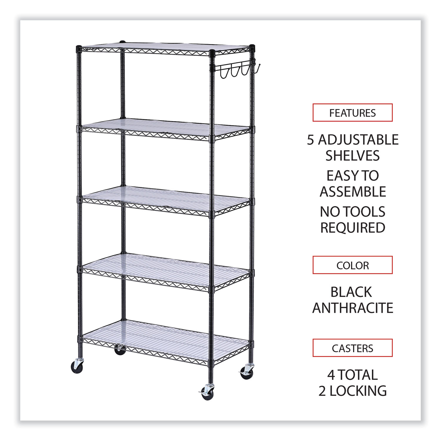 Alera 5-Shelf Wire Shelving Kit with Casters and Shelf Liners 48W x 18D x 72H Black Anthracite