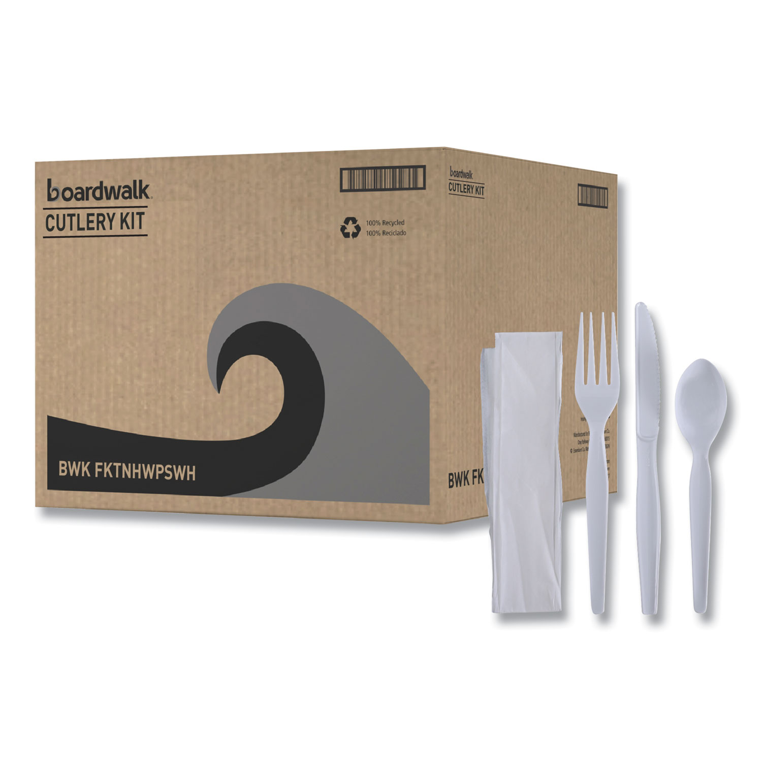 Four-Piece Cutlery Kit, Fork/Knife/Napkin/Teaspoon, Heavyweight, White, 250/Carton