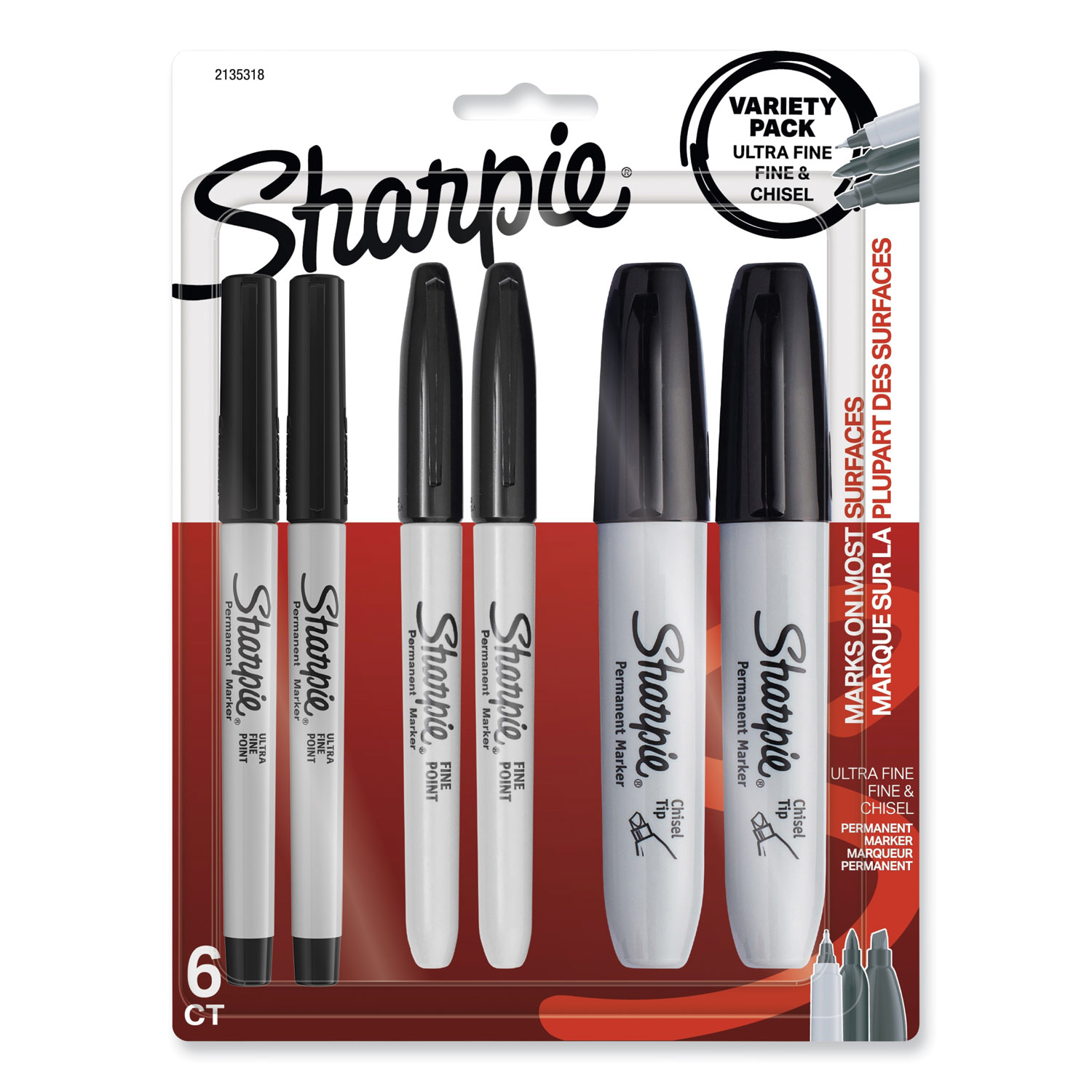 Mixed Point Size Permanent Markers, Assorted Tip Sizes/Types, Black, 6/Pack  - Zuma