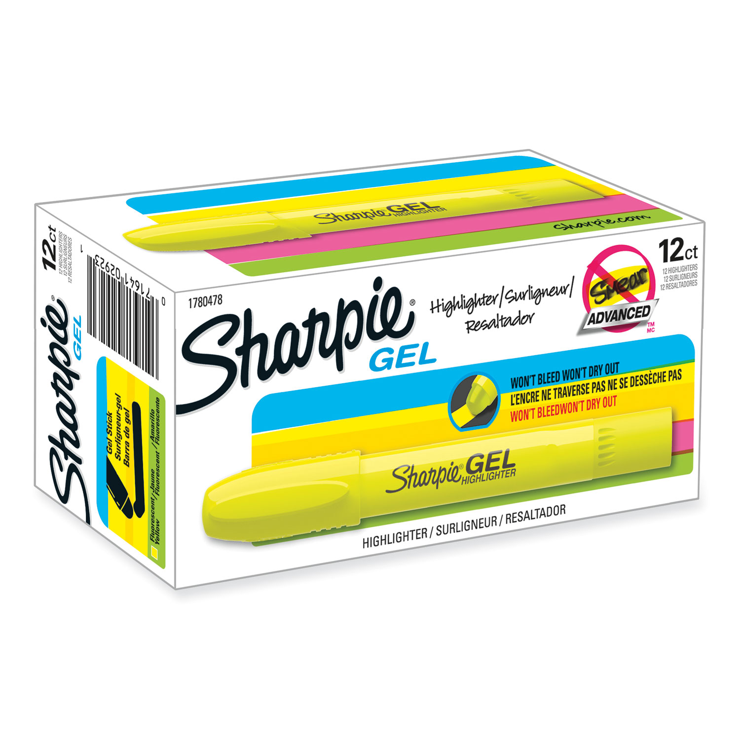 Sharpie Gel Stick Highlighters 3 Colors Won't Bleed or Smear Ink