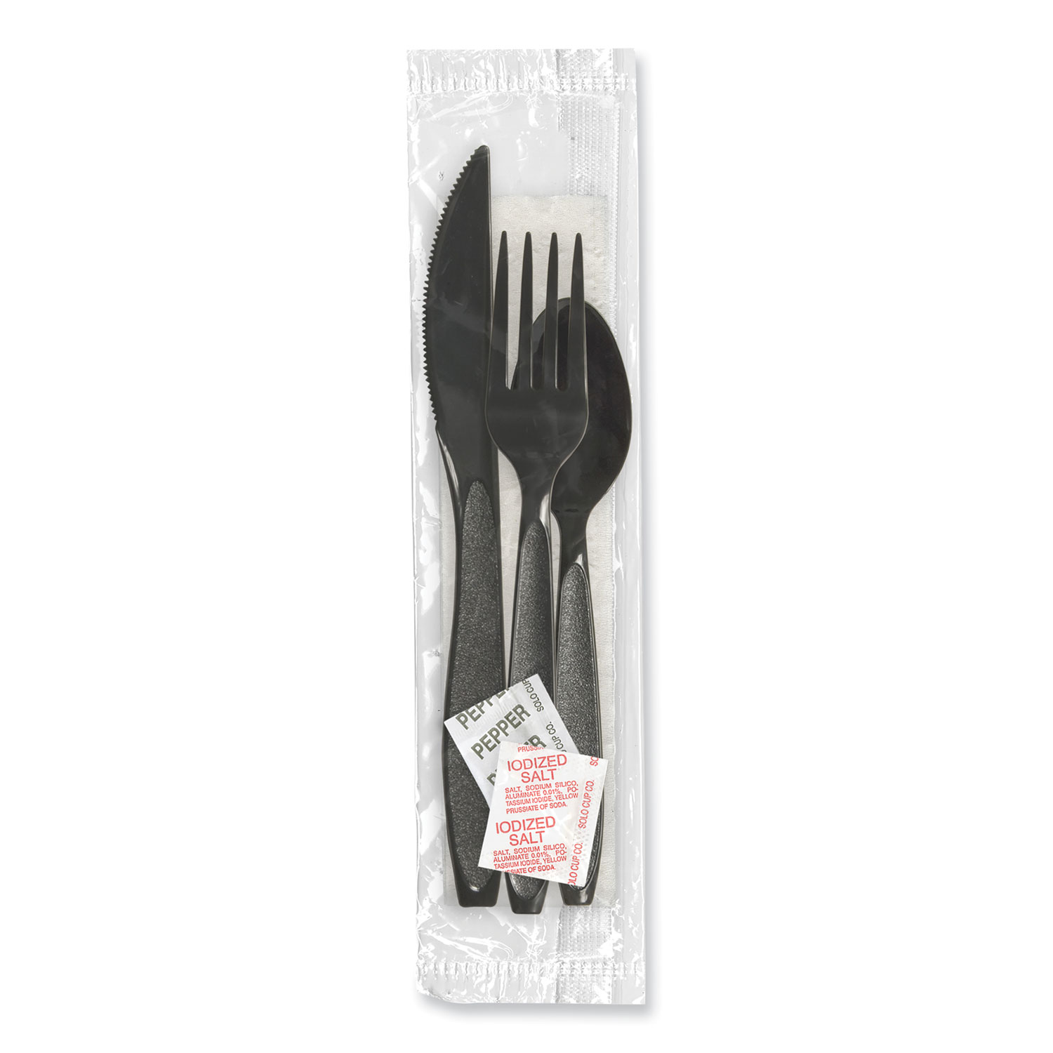 Impress Heavyweight Full-Length Polystyrene Cutlery Kit, Fork/Knife/Napkin/Pepper/Salt/Spoon, Plastic, Black, 750/Carton