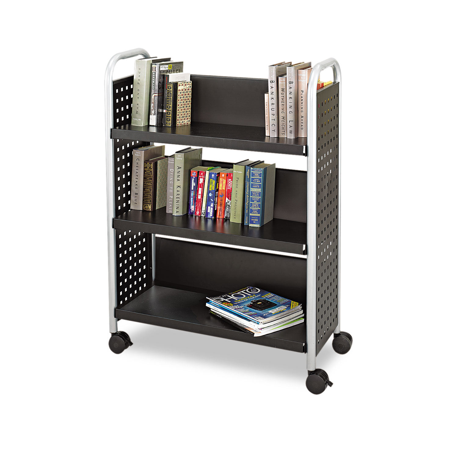  Safco 5336BL Scoot Book Cart, Three-Shelf, 33w x 14.25d x 44.25h, Black (SAF5336BL) 