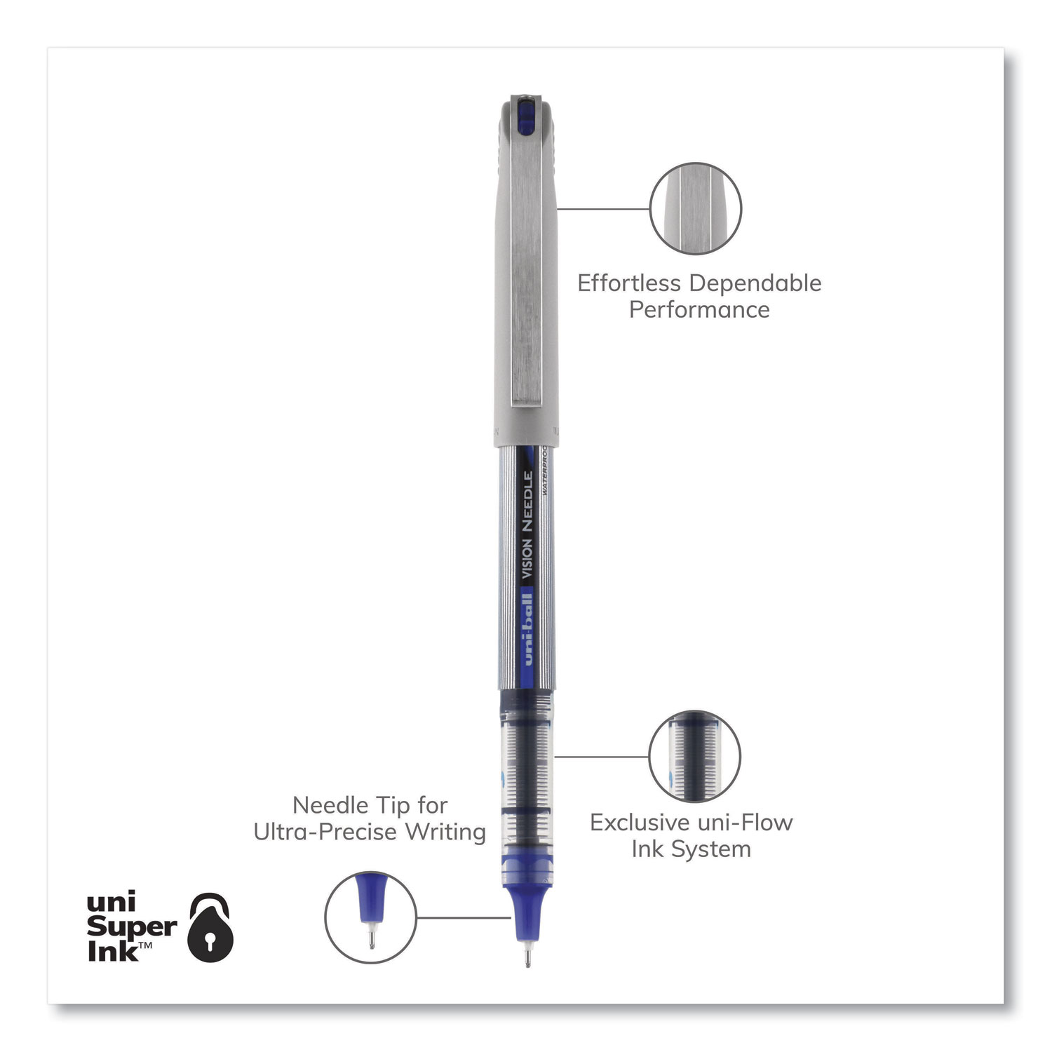 VISION Needle Roller Ball Pen, Stick, Fine 0.7 mm, Blue Ink, Gray/Clear/Blue Barrel, Dozen