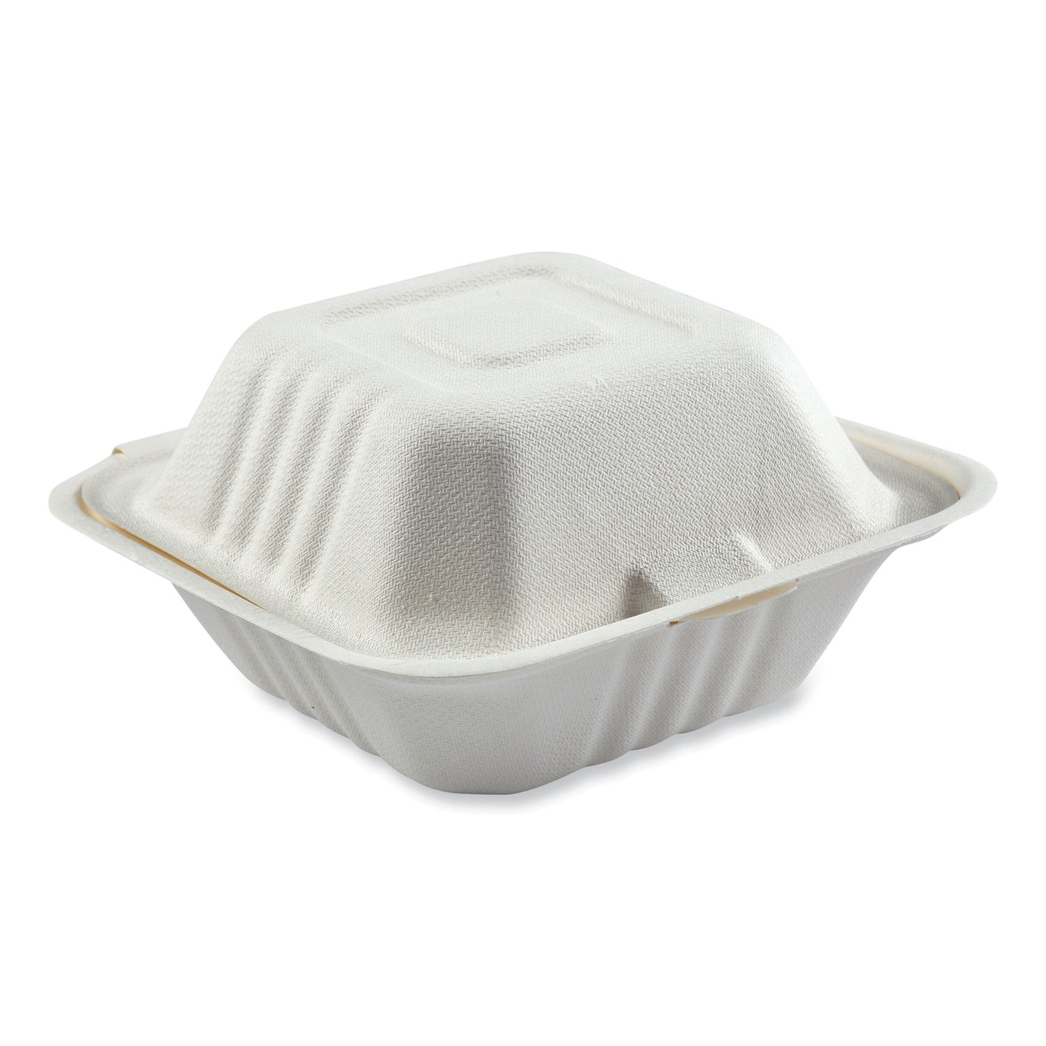 Boardwalk Bagasse Food Containers, Hinged-Lid, 3-Compartment 9 x 9 x 3.19,  White, Sugarcane, 100/Sleeve, 2 Sleeves/Carton (HINGEWF3CM9)