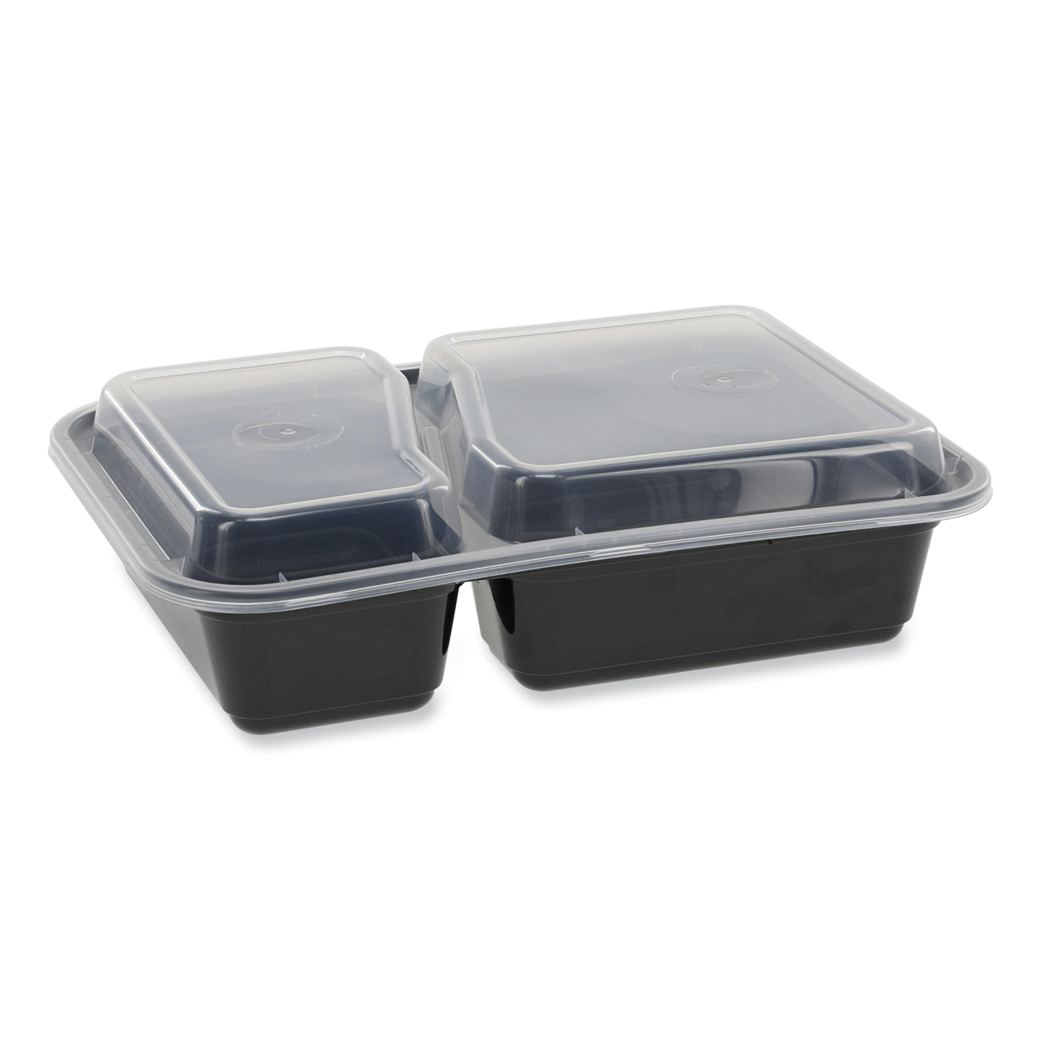 Newspring VERSAtainer Microwavable Containers, Rectangular, 2-Compartment,  30 oz, 6 x 8.5 x 2.5, Black/Clear, Plastic, 150/CT