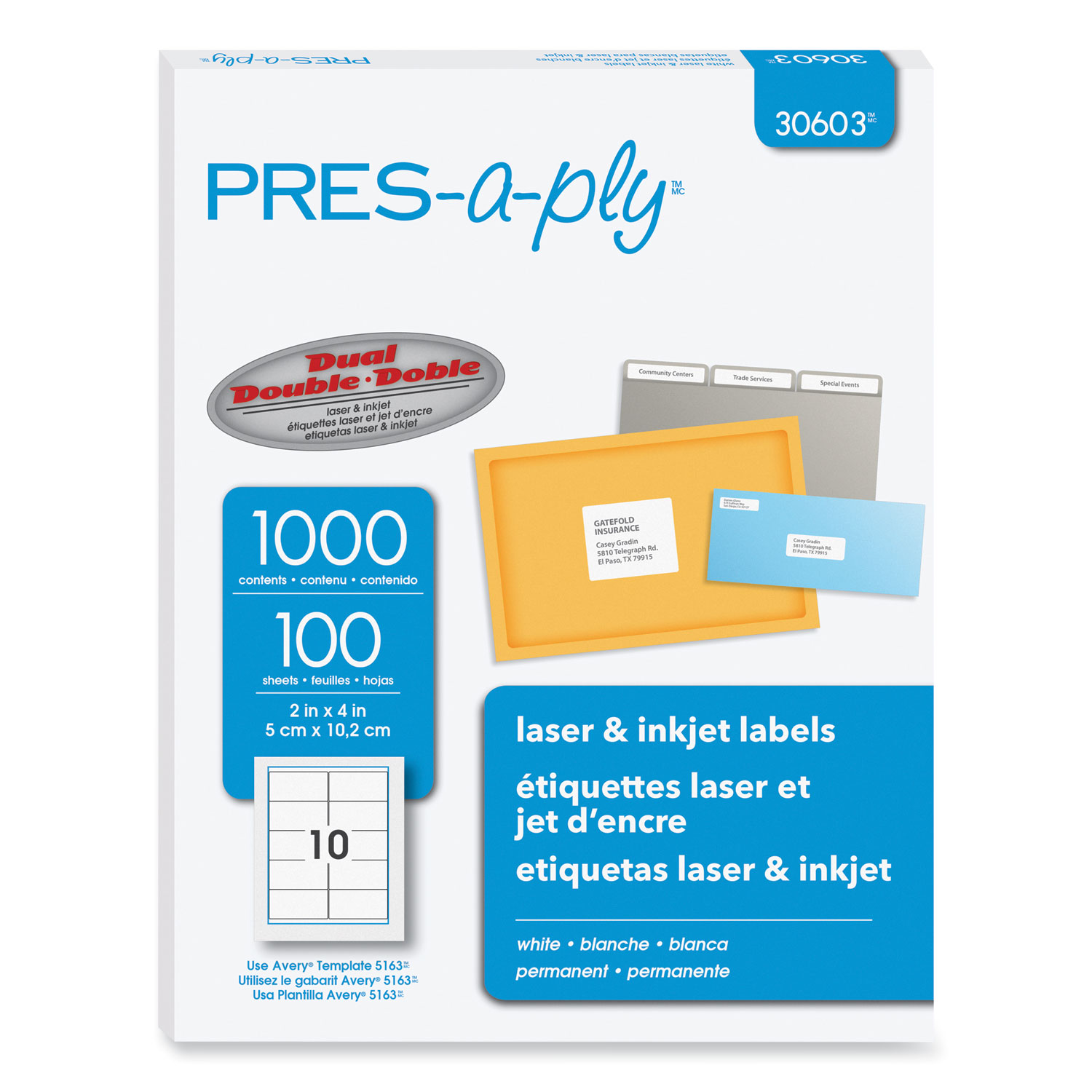 PRES-a-ply 30603 Laser Address Labels, 2 x 4, White, 1000/Box, AVE30603 -  Zuma