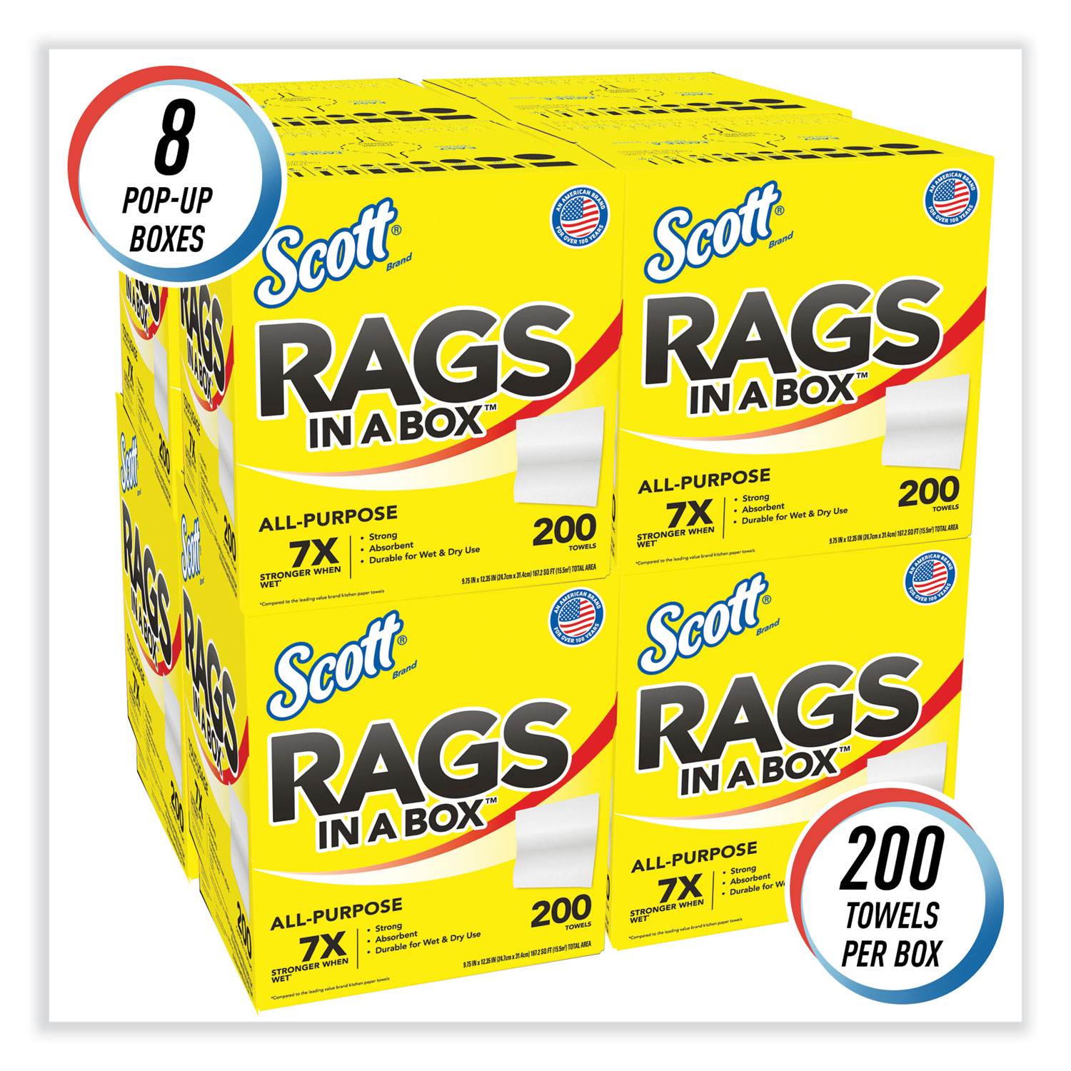 Scott® Rags in a Box, POP-UP Box, 12 x 9, White, 200/Box, 8 Boxes ...