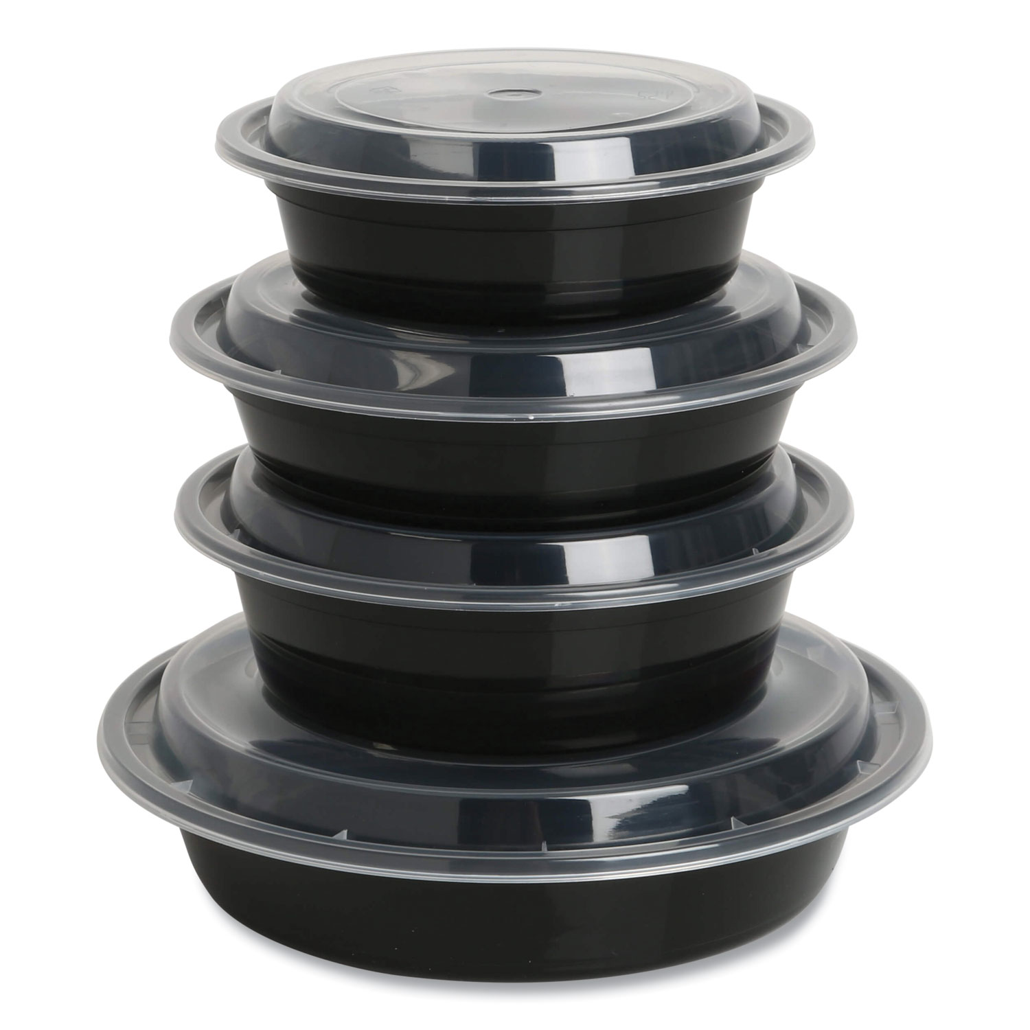 Round Black Plastic Food Takeout Containers with Clear Lids – 7in x 2in –  32oz – 150 per case