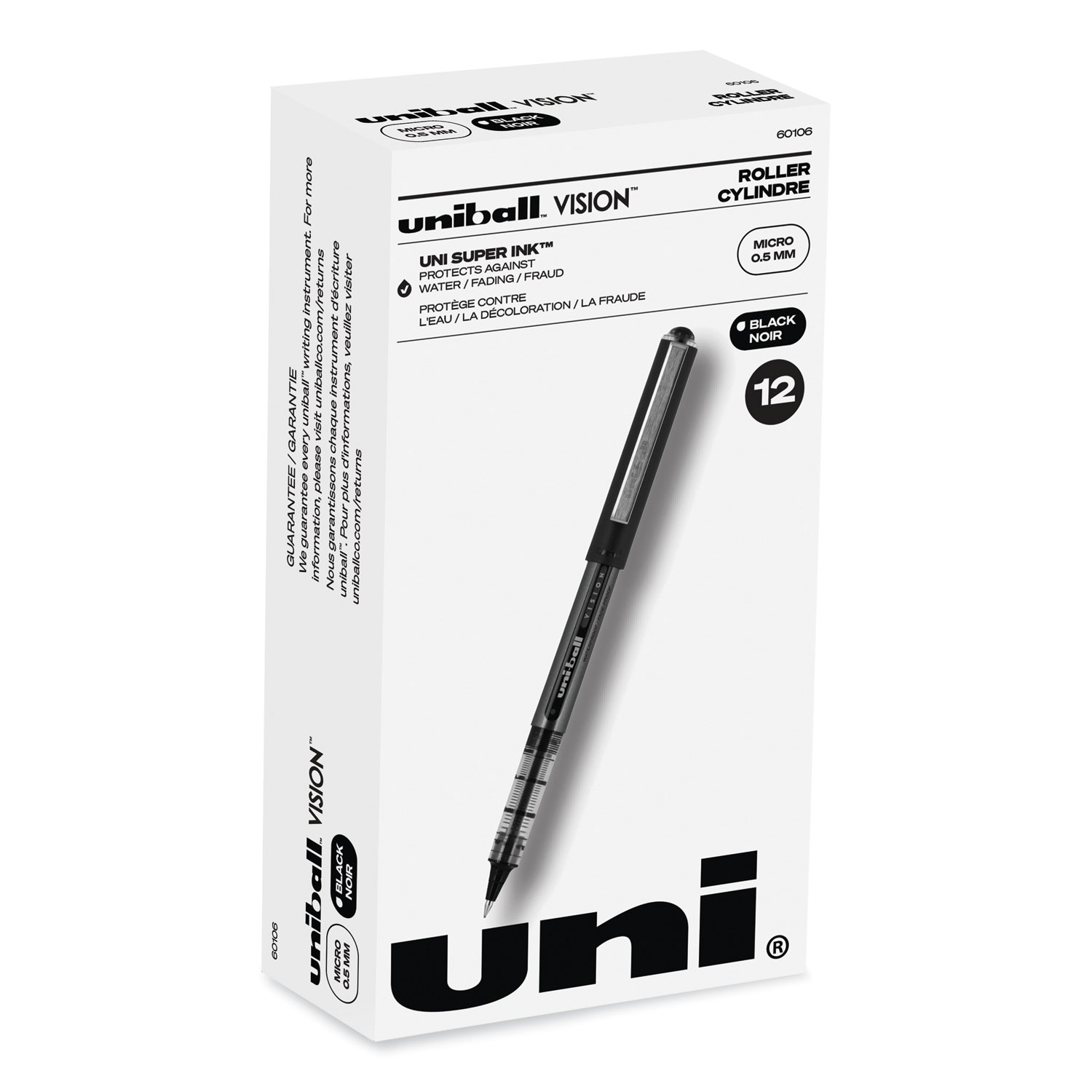 VISION Roller Ball Pen, Stick, Extra-Fine 0.5 mm, Black Ink,  Gray/Black/Clear Barrel, Dozen - US Labels and Materials Group