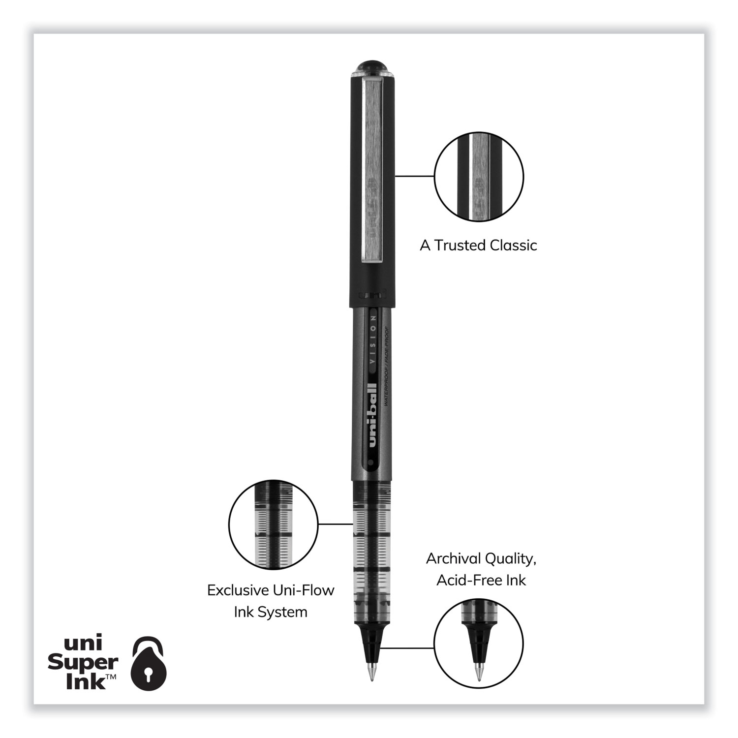 uni-ball VISION ELITE Roller Ball Stick Waterproof Pen Blue/Black Ink Super  Fine