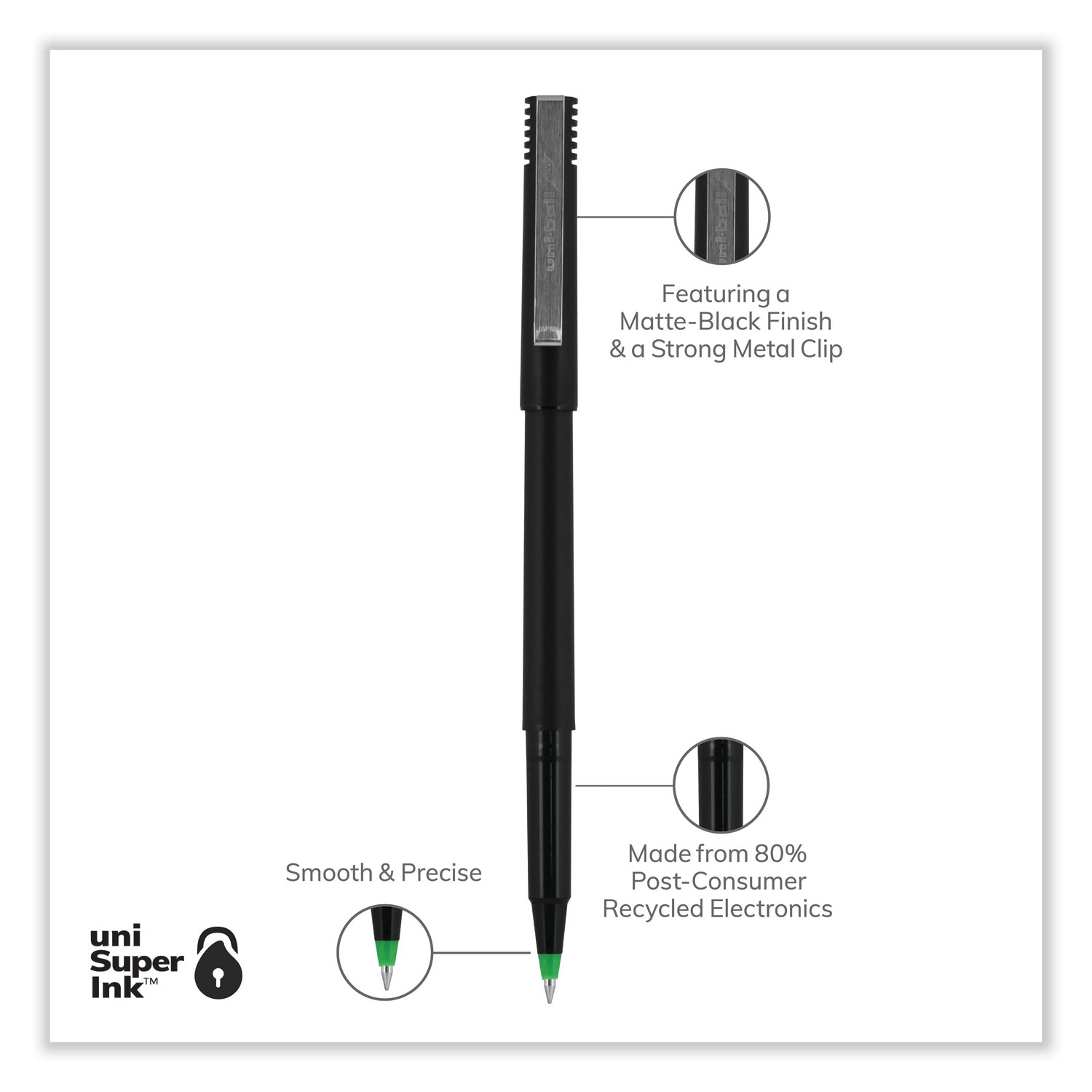 uniball Deluxe Roller Ball Pen, Stick, Extra-Fine 0.5 mm, Black Ink,  Metallic Gray/Black Barrel, Dozen