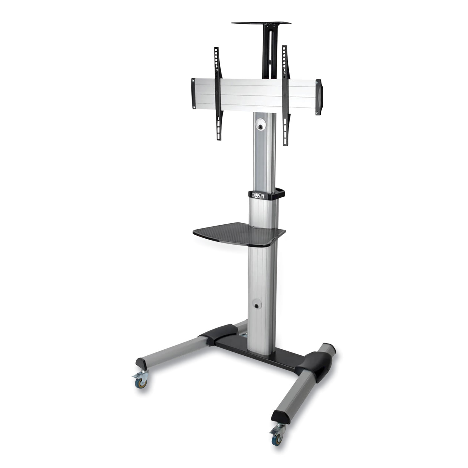 Flat Panel Floor Stand, Tilt Range: -12 to +5, Metal, 1 Shelf, 110 lb Capacity, 32.6″ x 27.6″ x 81.5″, Silver/Black