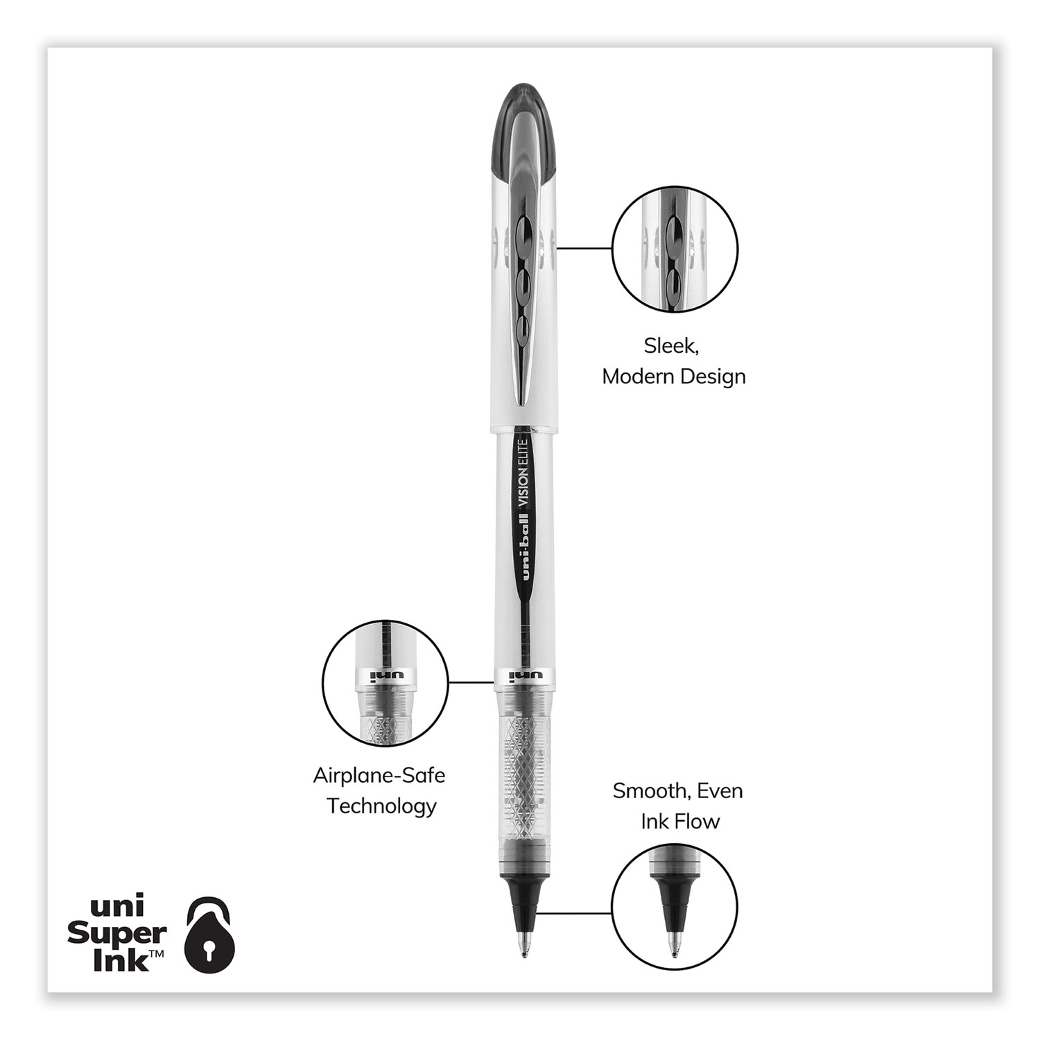 VISION ELITE Hybrid Gel Pen, Stick, Bold 0.8 mm, Black Ink,  White/Black/Clear Barrel - ACT Supplies