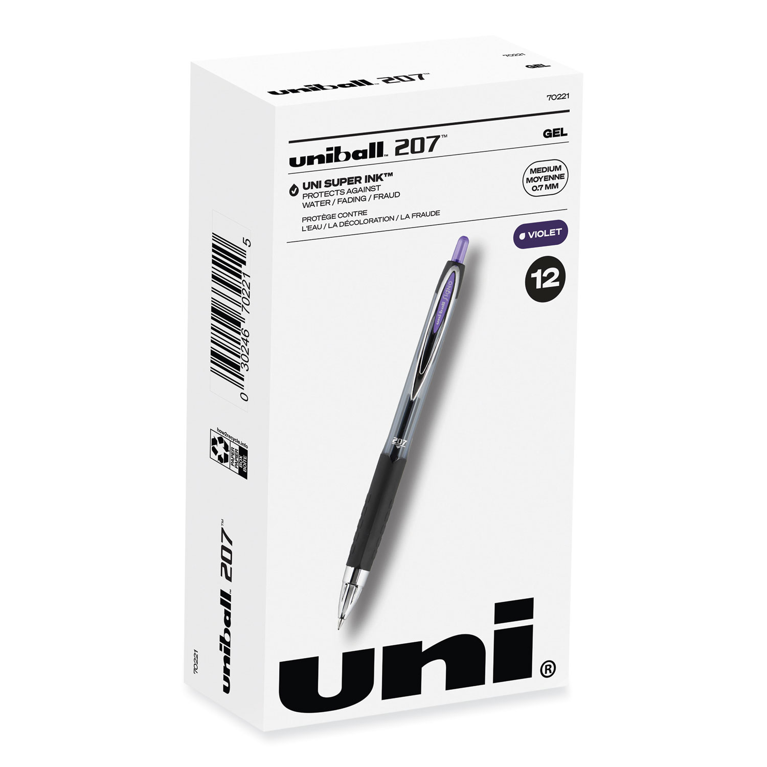 Signo 207 Gel Pen, Retractable, Medium 0.7 mm, Violet Ink, Smoke/Black/Violet Barrel, Dozen