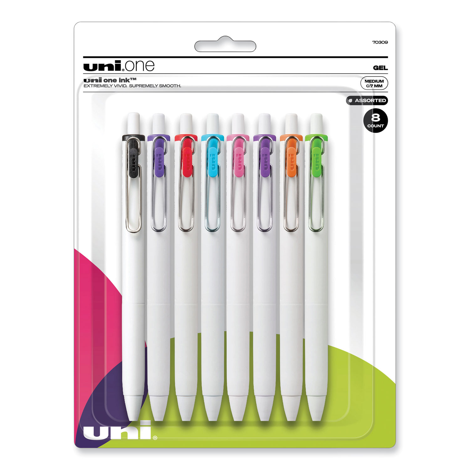 Uni-Ball Gel Pen Set: Retractable, Cushion, Black/Blue/Green/Light Blue/Orange/Pink/Purple/Red, Medium, 8 PK