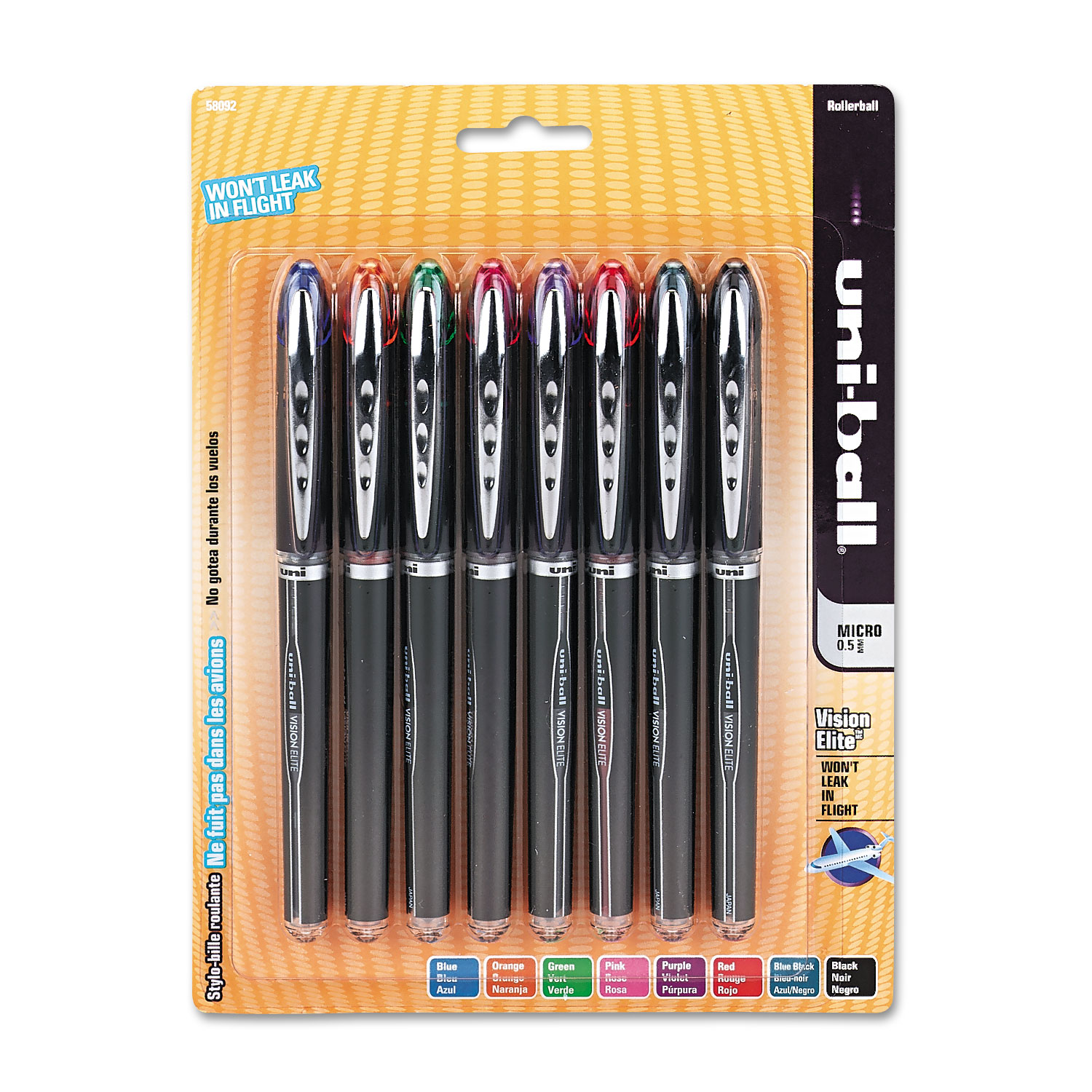  uni-ball 58092PP VISION ELITE Stick Roller Ball Pen, Micro 0.5mm, Assorted Ink, Black Barrel (UBC58092PP) 