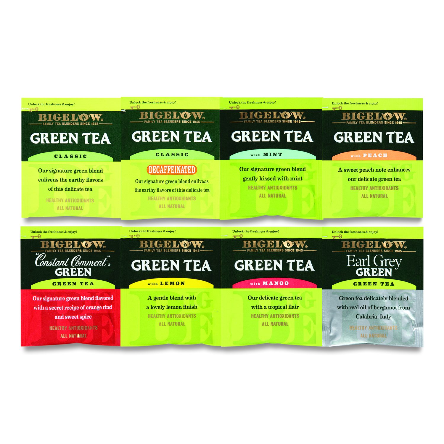Green Tea Assortment Individually Wrapped Eight Flavors 64 Tea Bags 