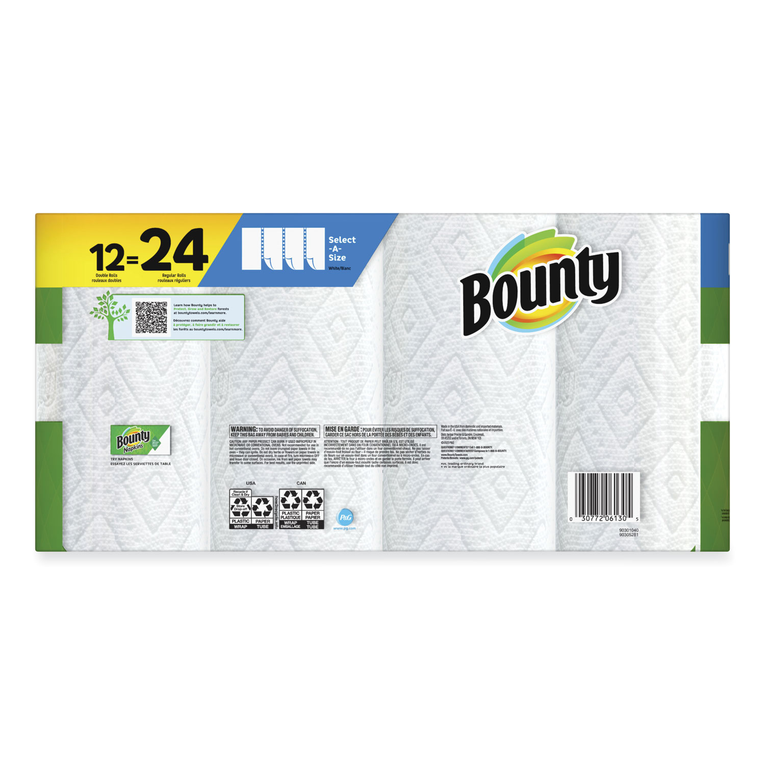Procter & Gamble Bounty Kitchen Roll Paper Towels, 2-Ply, White, 10.5 x  11, 87 Sheets/Roll, 4 Triple Rolls/Pack, 6 Packs/Carton, PGC06109