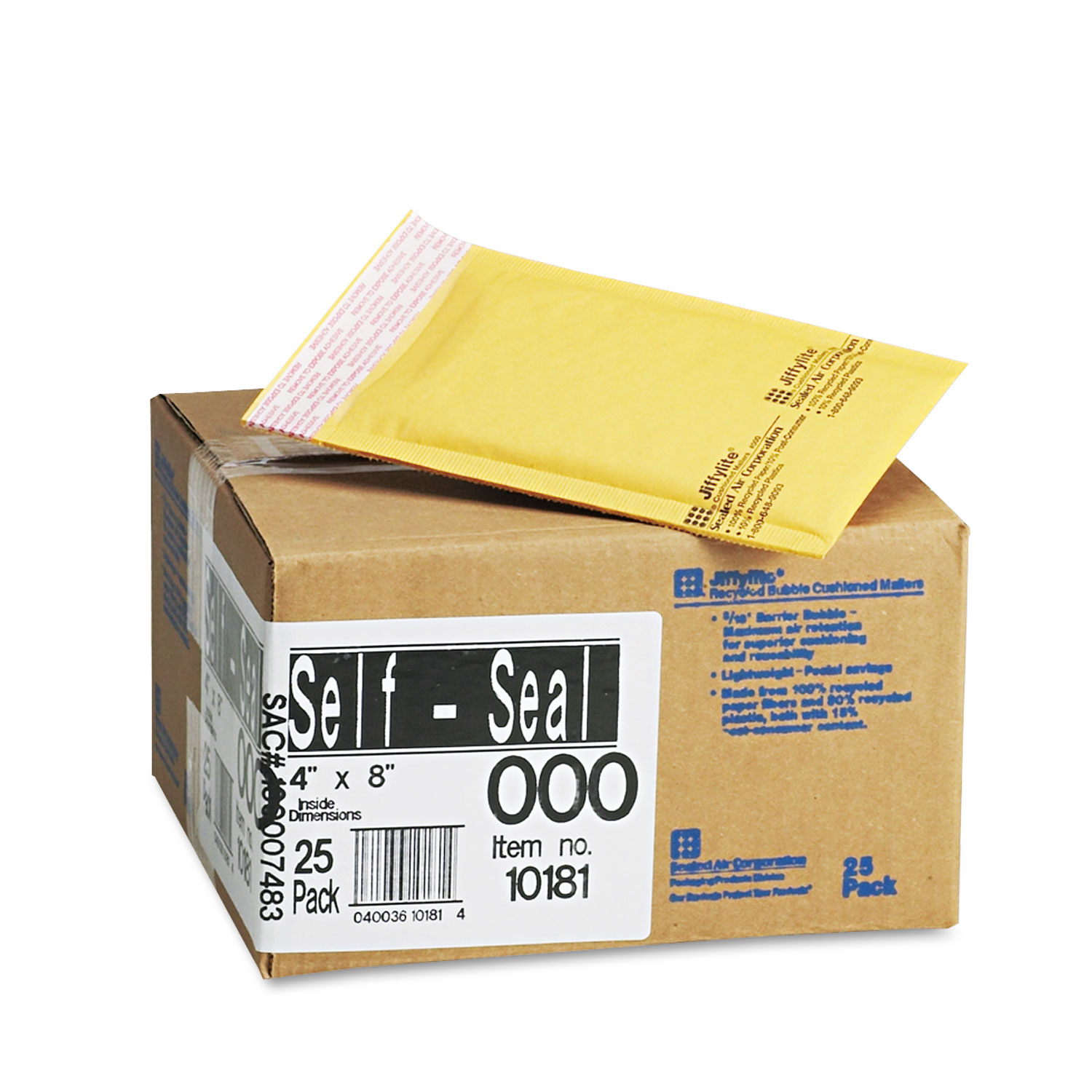  Sealed Air 10181 Jiffylite Self-Seal Bubble Mailer, #000, Barrier Bubble Lining, Self-Adhesive Closure, 4 x 8, Golden Brown Kraft, 25/Carton (SEL10181) 