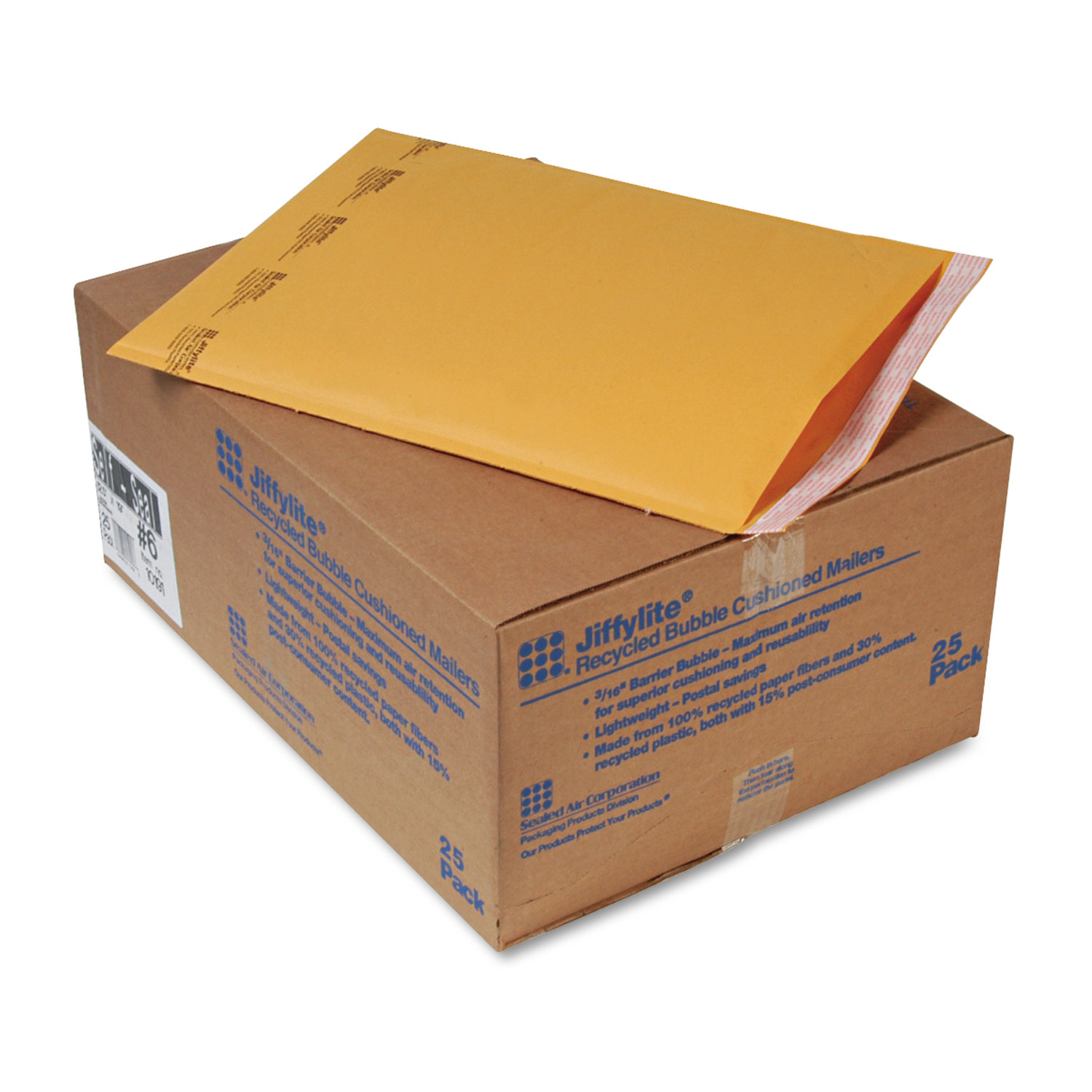  Sealed Air 10191 Jiffylite Self-Seal Bubble Mailer, #6, Barrier Bubble Lining, Self-Adhesive Closure, 12.5 x 19, Golden Brown Kraft, 25/Carton (SEL10191) 