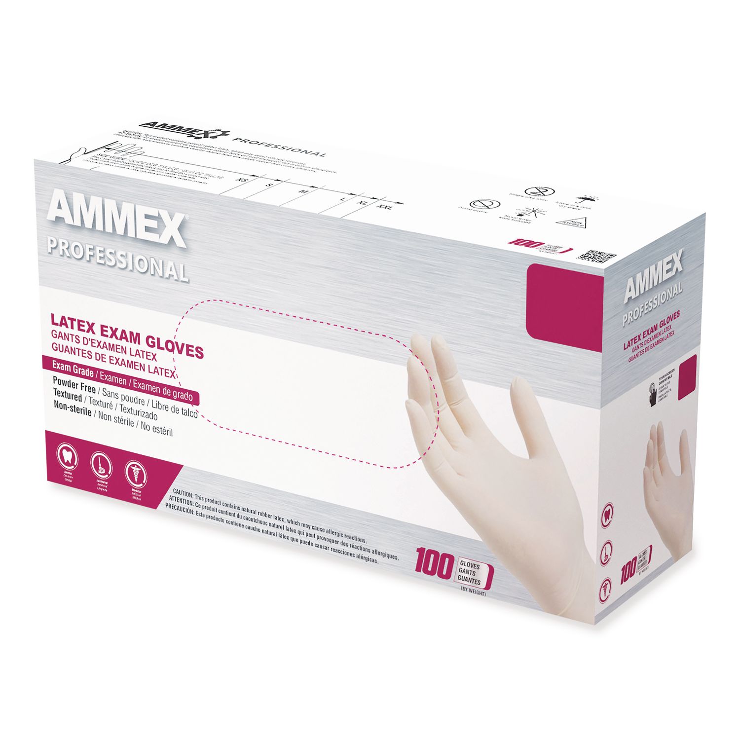 Latex Exam Gloves, Powder-Free, Medium, 4 mil (Palm), 5 mil (Fingers), Ivory, 100/Box