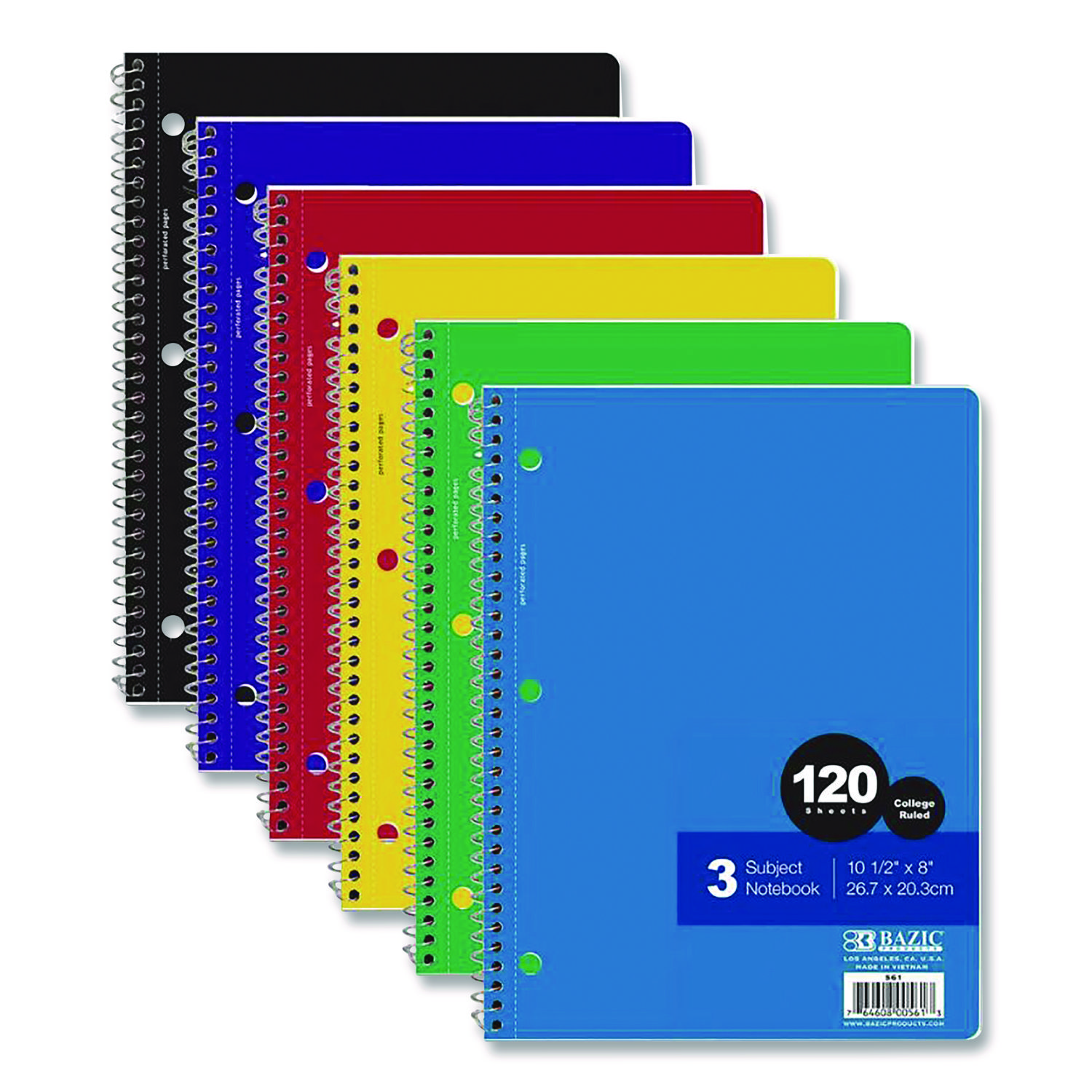 BAZIC® Products Spiral Notebooks, 3 Subjects, Medium/College Rule, Randomly Assorted Cover Colors, (120) 10.5 x 8 Sheets