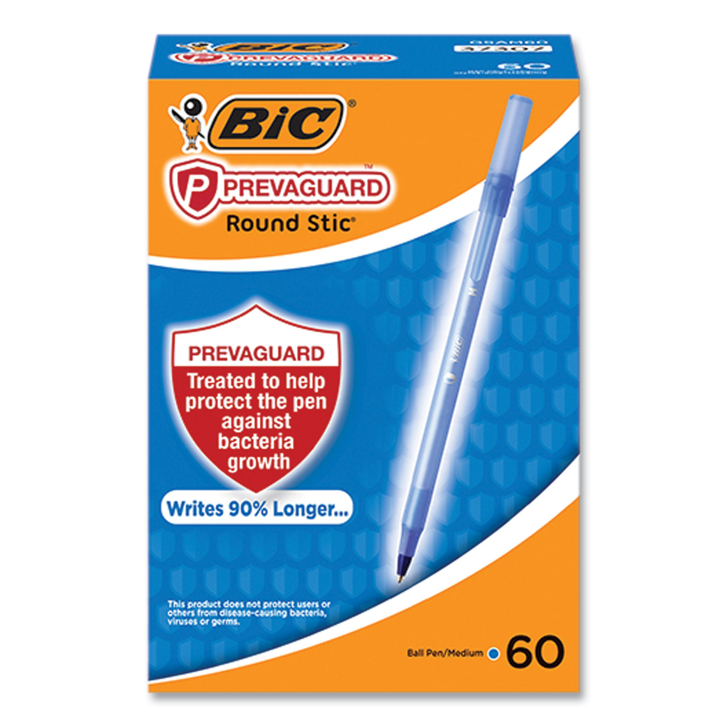 PrevaGuard Round Stic Pen, Stick, Medium 1 mm, Blue Ink, Translucent Blue Barrel, 60/Pack