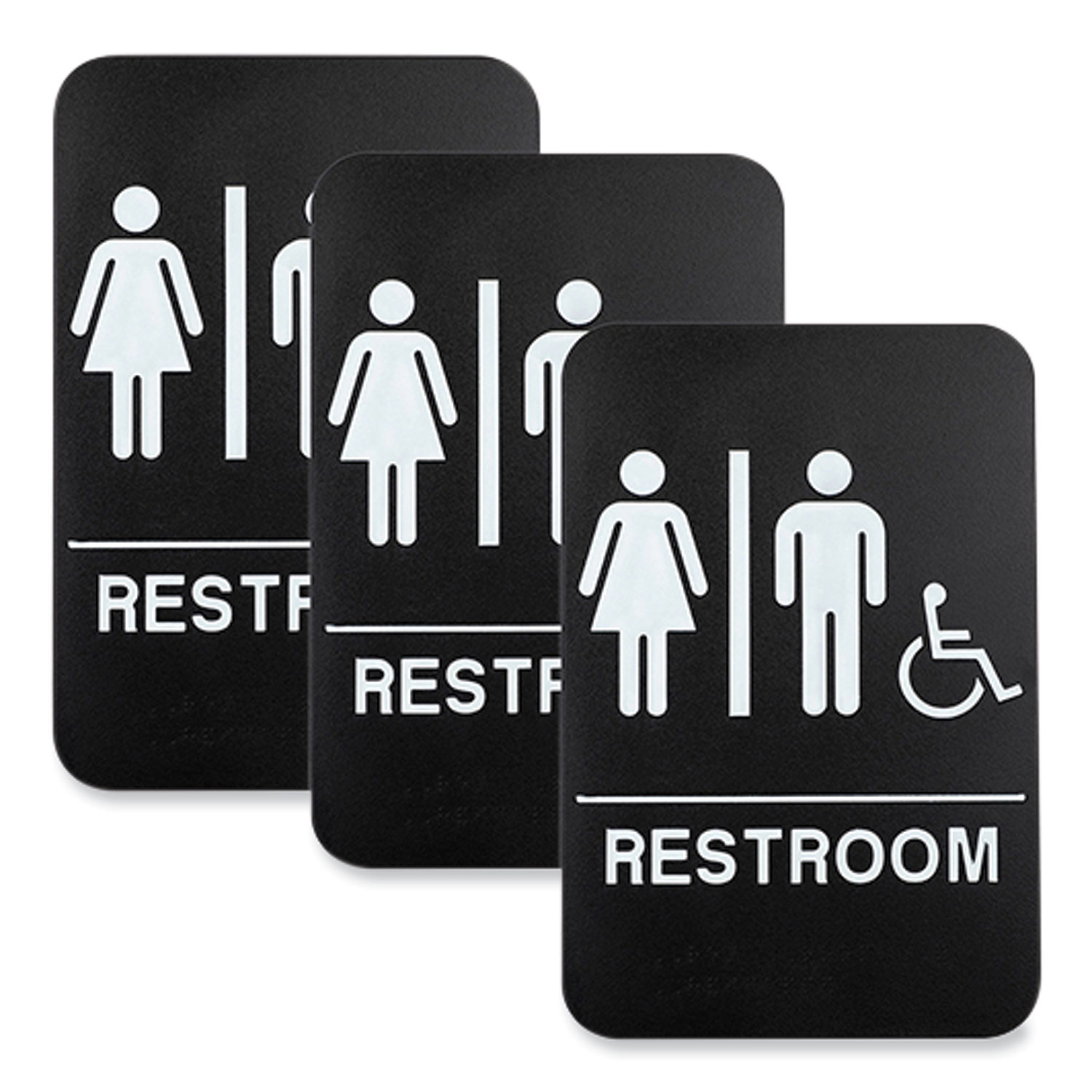 Indoor/Outdoor Restroom Sign with Braille Text and Wheelchair, 6″ x 9″, Black Face, White Graphics, 3/Pack