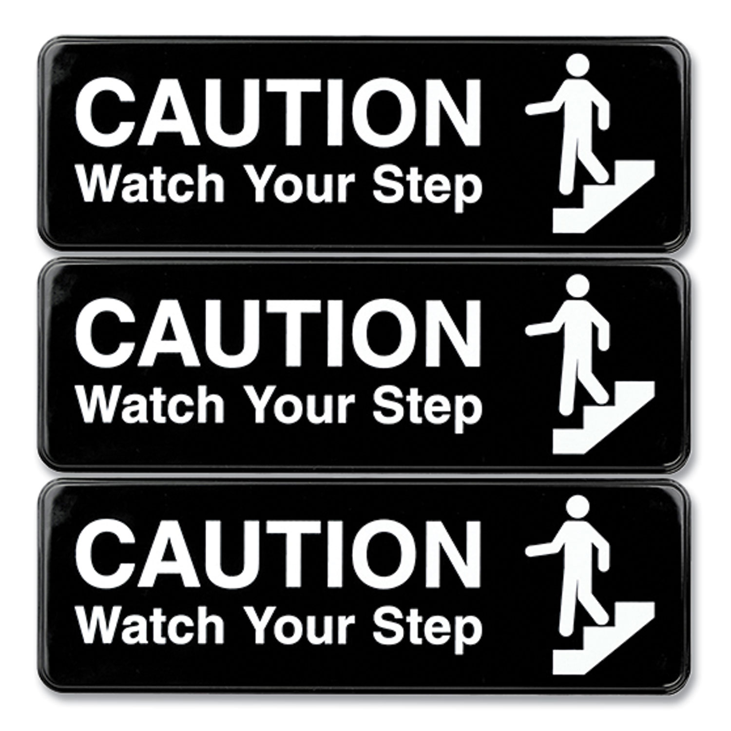 Caution Watch Your Step Indoor/Outdoor Wall Sign, 9″ x 3″, Black Face, White Graphics, 3/Pack