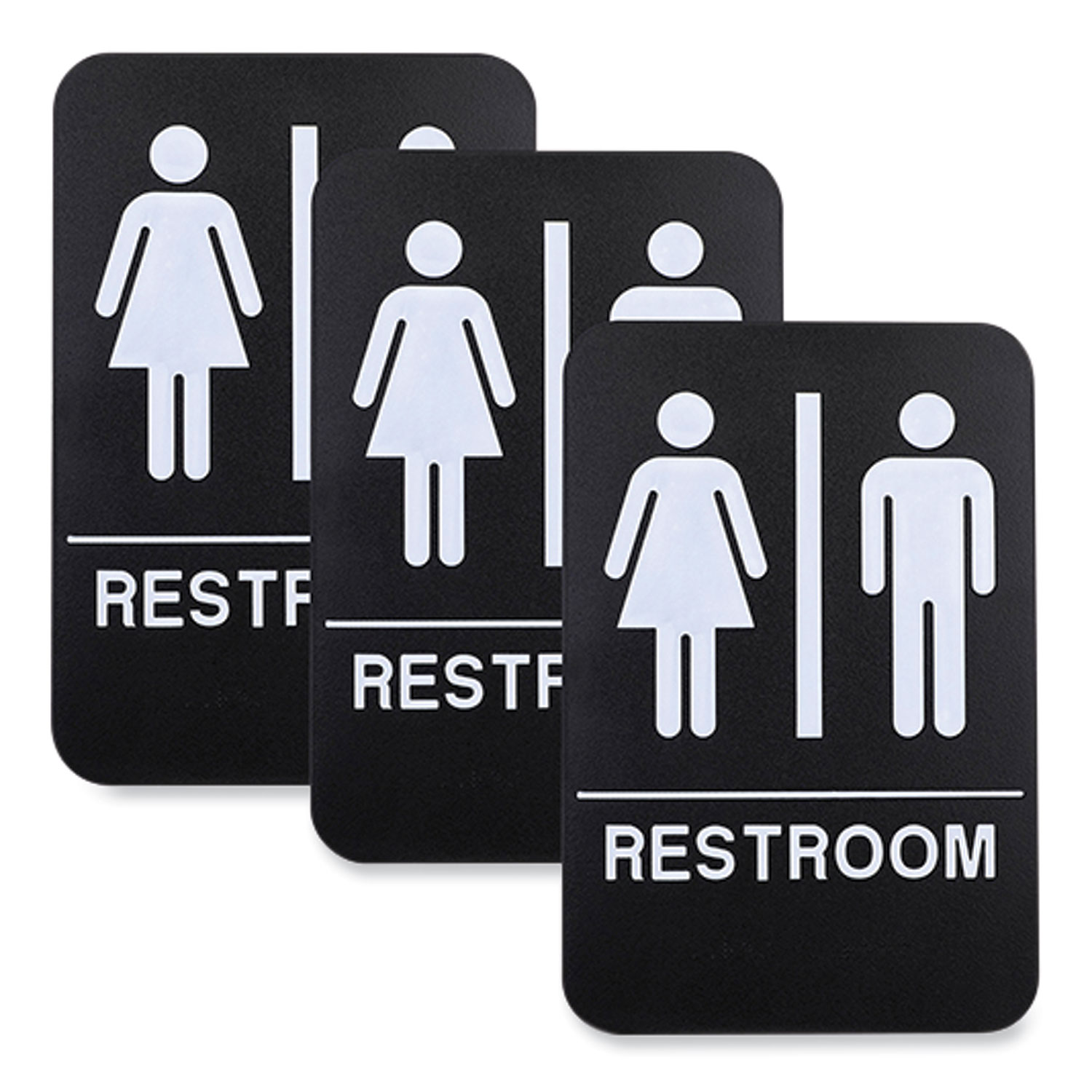 Indoor/Outdoor Restroom with Braille Text, 6″ x 9″, Black Face, White Graphics, 3/Pack