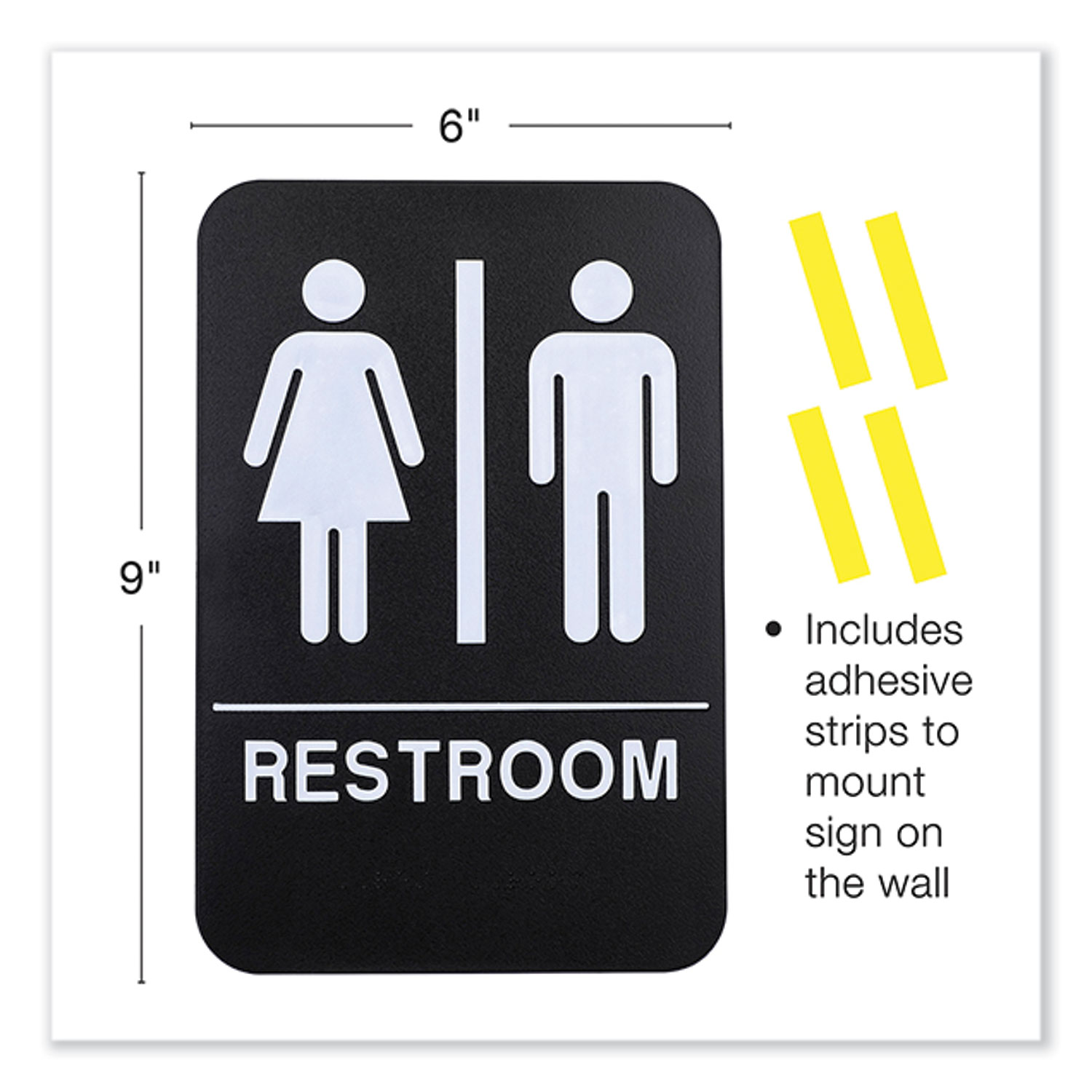 Indoor/Outdoor Restroom with Braille Text, 6" x 9", Black Face, White