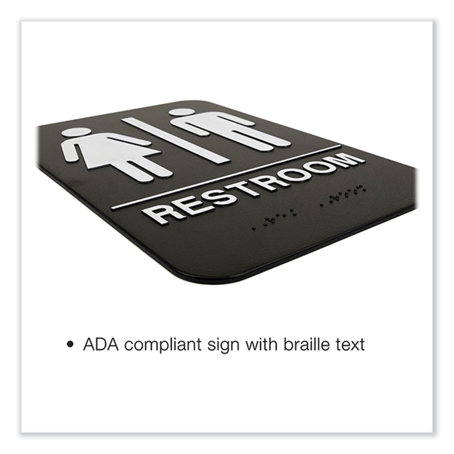 Indoor/Outdoor Restroom with Braille Text, 6" x 9", Black Face, White
