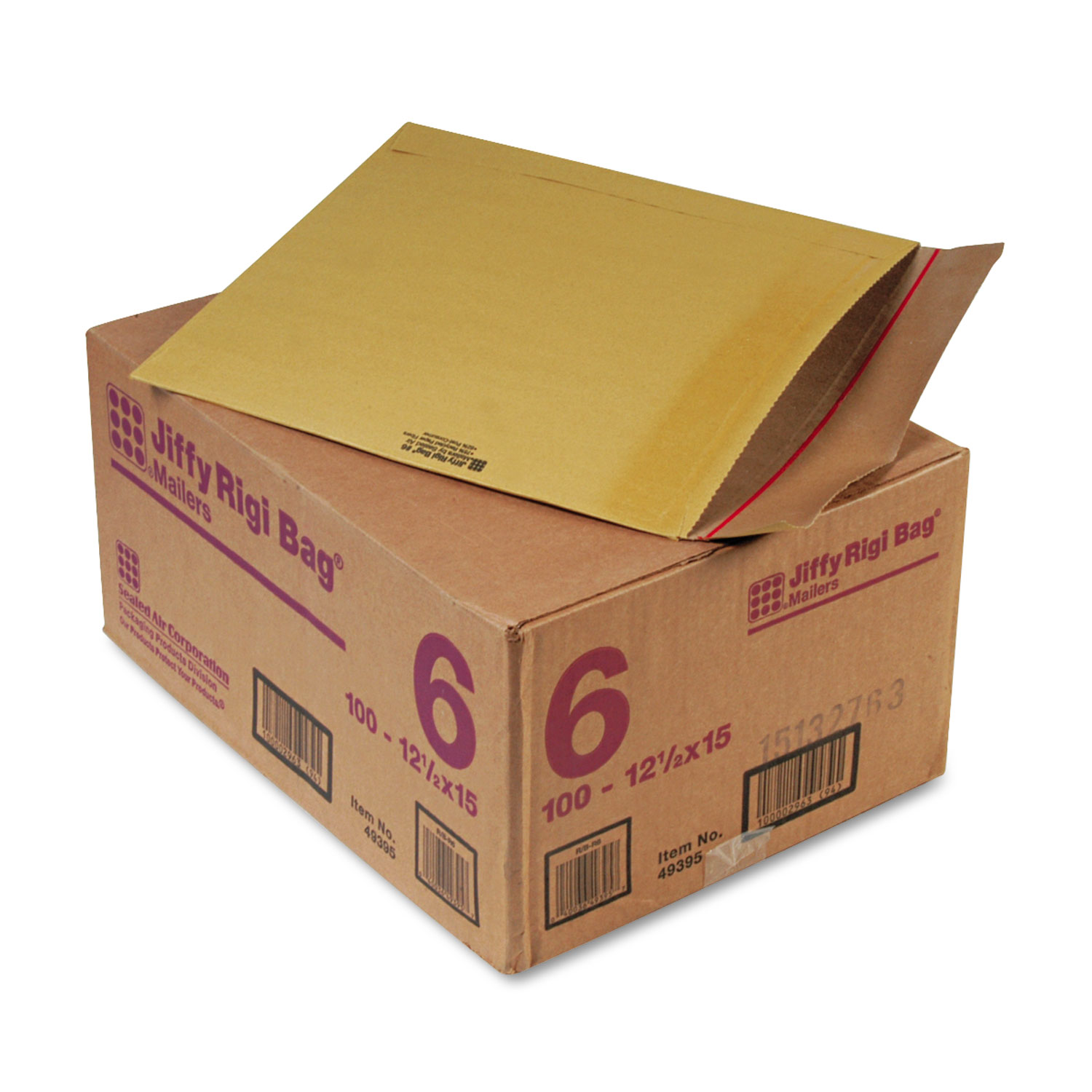 Jiffy Rigi Bag Mailer, #6, 12 1/2 x 15, Natural Kraft, 100/Carton