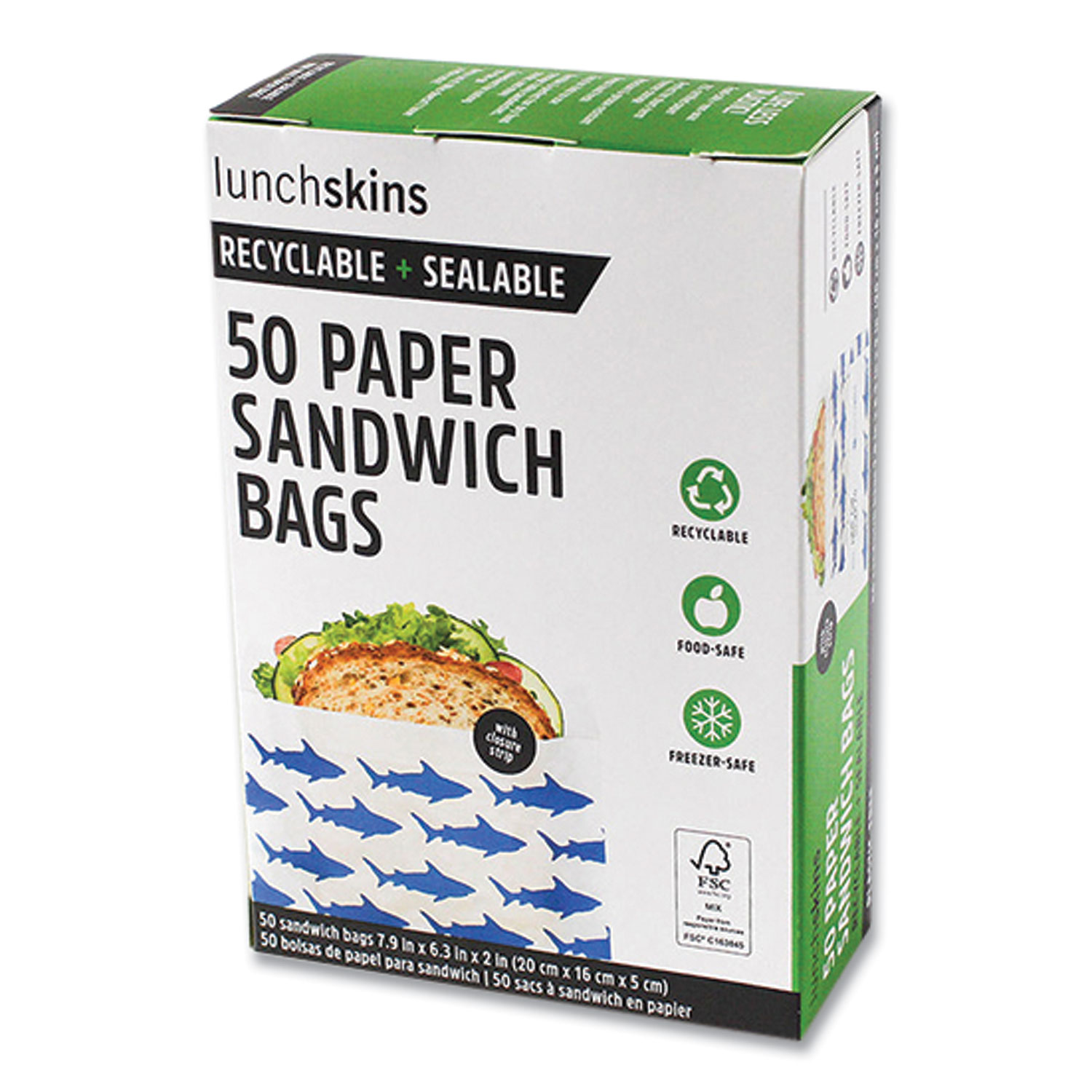 Peel and Seal Sandwich Bag with Closure Strip, 6.3″ x 2″ x 7.9″, Blue Sharks/White, 50/Box