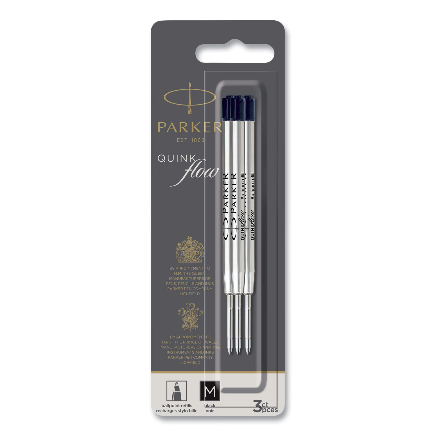 Quinkflow Refill for Parker Ballpoint Pen, Medium Tip, Black Ink, 3/Pack