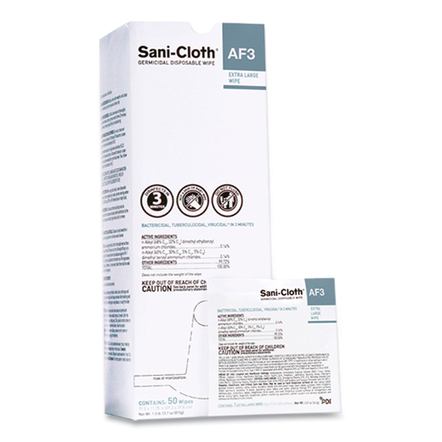 Sani-Cloth AF3 Individually Wrapped Germicidal Disposable Wipes, X-Large, 1-Ply, 11.75″ x 11.5″, Unscented, White, 50/Box