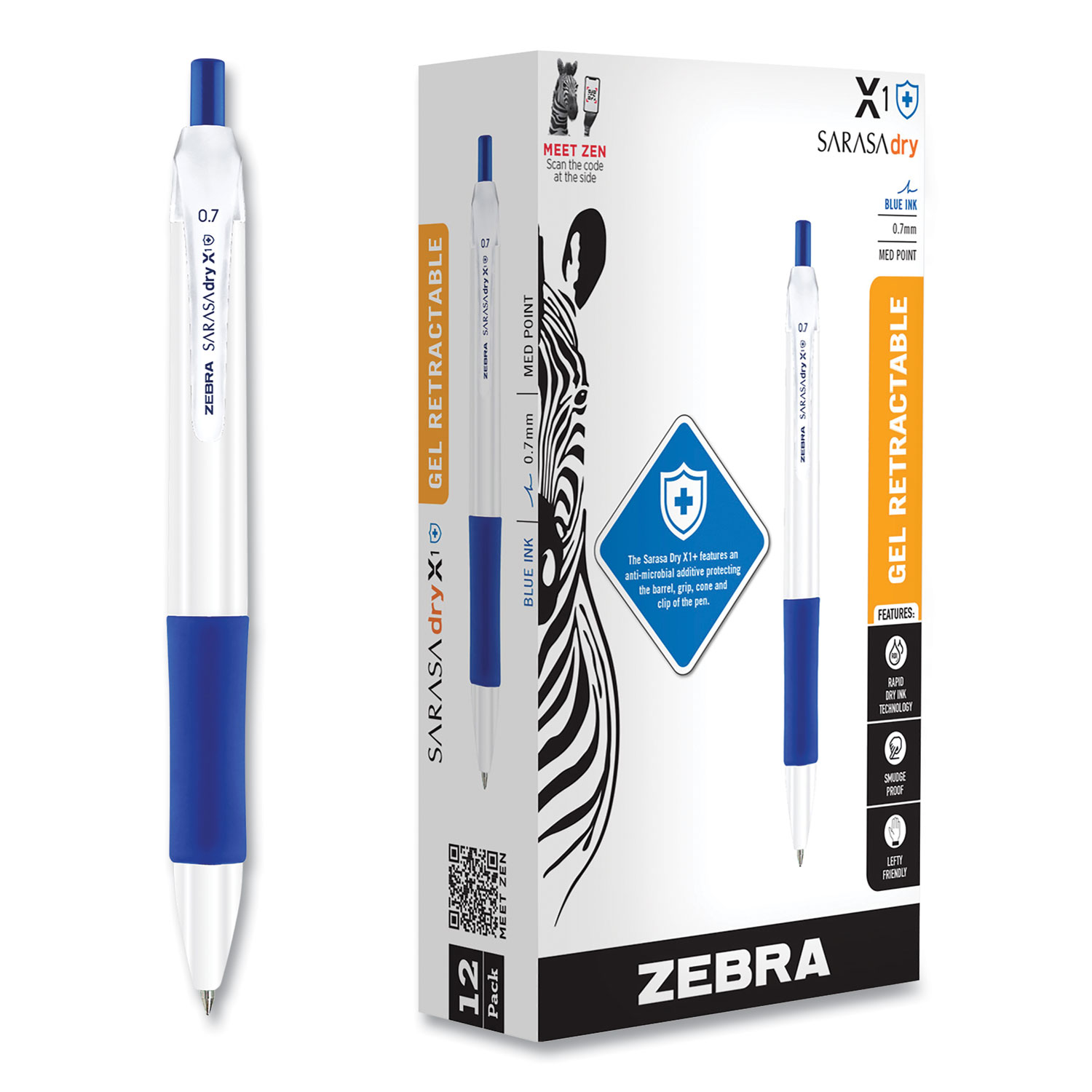 Sarasa Dry X1+ Retractable Gel Pen, Medium 0.7 mm, Blue Ink, White/Blue Barrel, 12/Pack