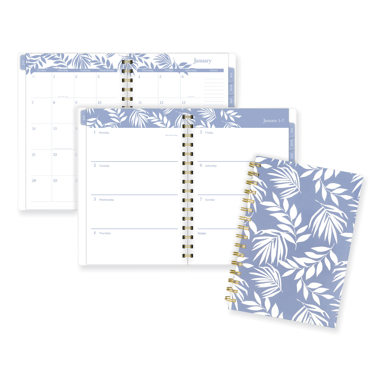 Elena Weekly/Monthly Planner, Palm Leaves Artwork, 8.5 x 6.38, Blue/White Cover, 12-Month (Jan to Dec): 2024