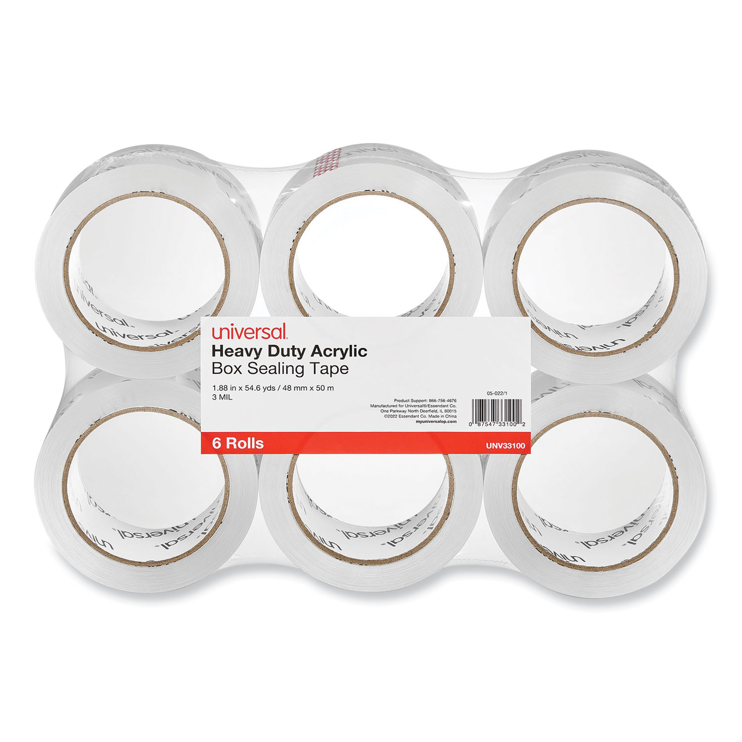 Heavy-Duty Acrylic Box Sealing Tape, 3″ Core, 1.88″ x 54.6 yds, Clear, 6/Pack