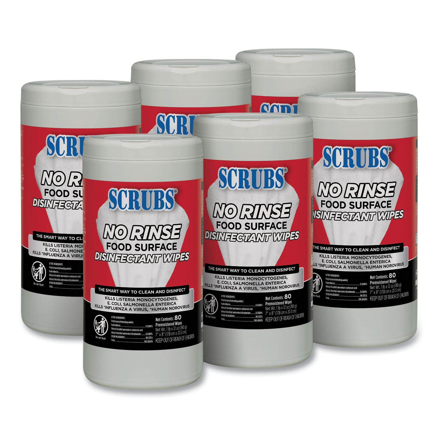 No Rinse Food Surface Disinfectant Wipes, 1-Ply, 7 x 8, Unscented, White, 80/Canister, 6/Carton