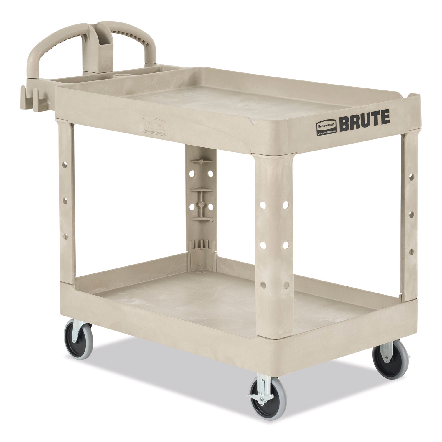 Rubbermaid® Commercial Heavy-Duty Utility Cart with Lipped Shelves,  Plastic, 2 Shelves, 500 lb Capacity, 25.9 x 45.2 x 32.2, Beige