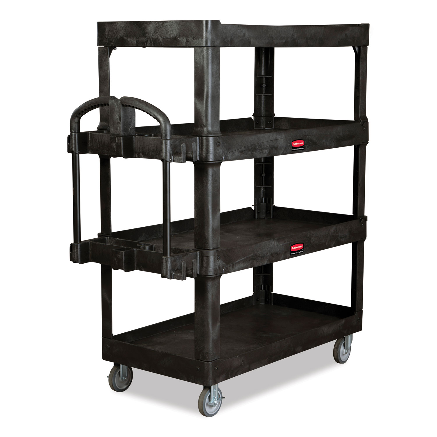 BRUTE Heavy-Duty Ergo Utility Cart, Plastic, 4 Shelves, 700 lb Capacity, 24.35″ x 54.1″ x 62.4″, Black