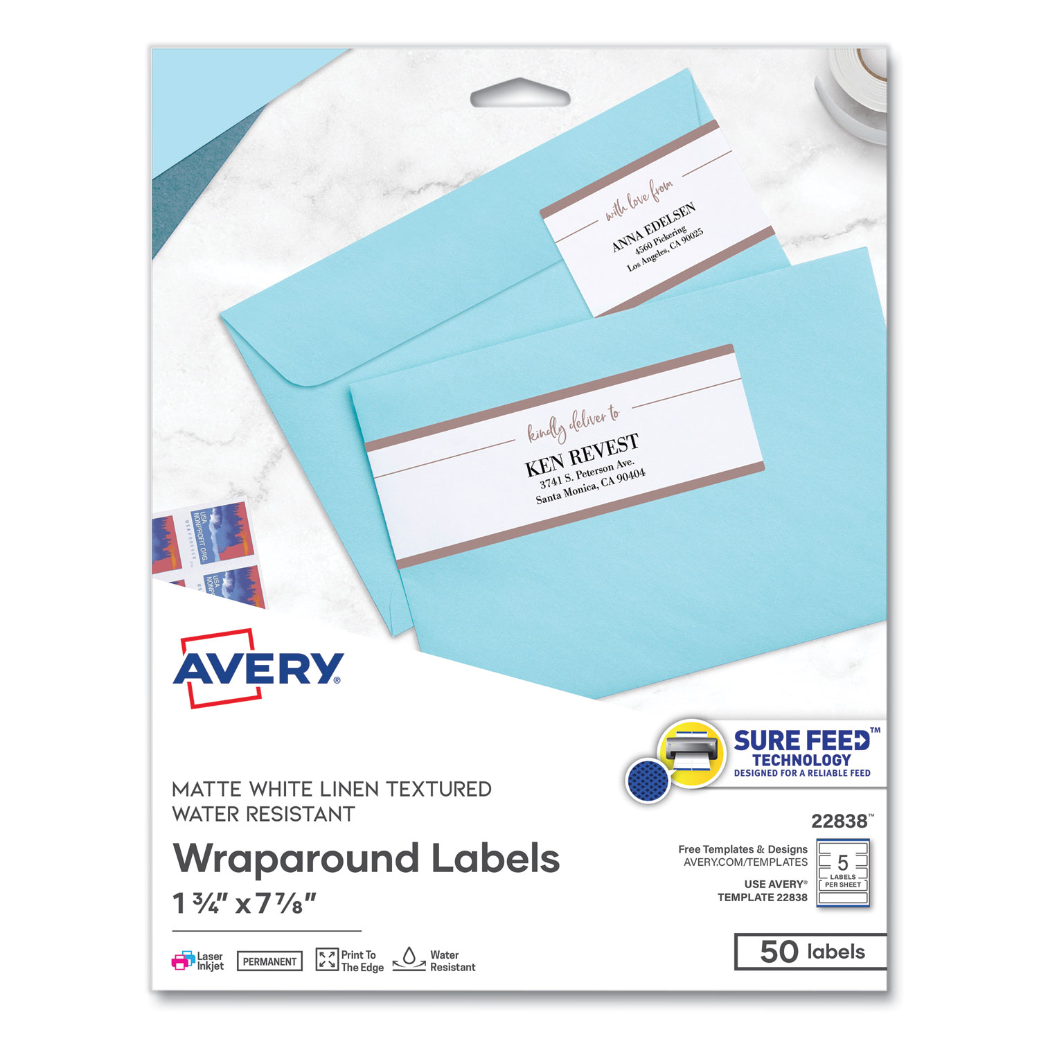 Rectangle Labels, Inkjet/Laser Printers, 7.85 x 1.75, Textured White, 5/Sheet, 10 Sheets/Pack