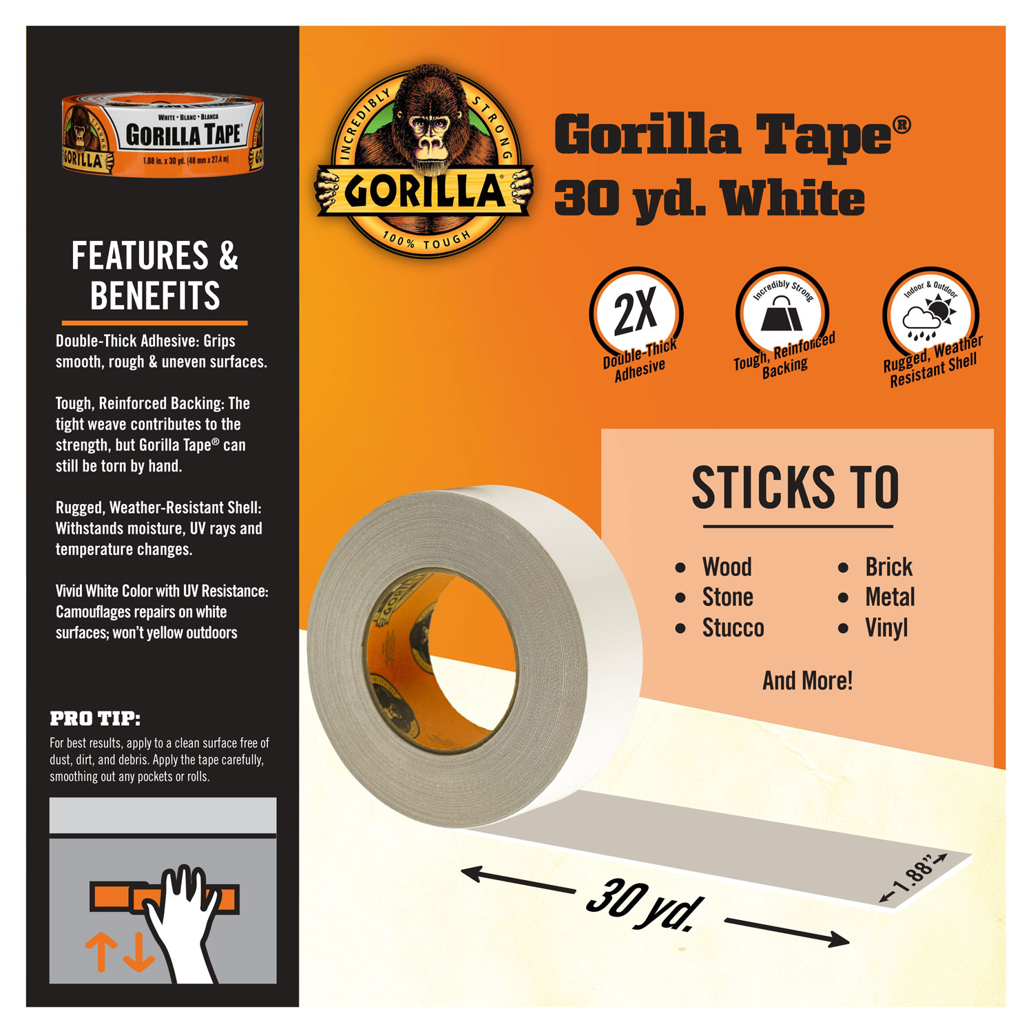 Gorilla Tape 30 yd Length x 1.88 Width 1 Each White - Office Depot